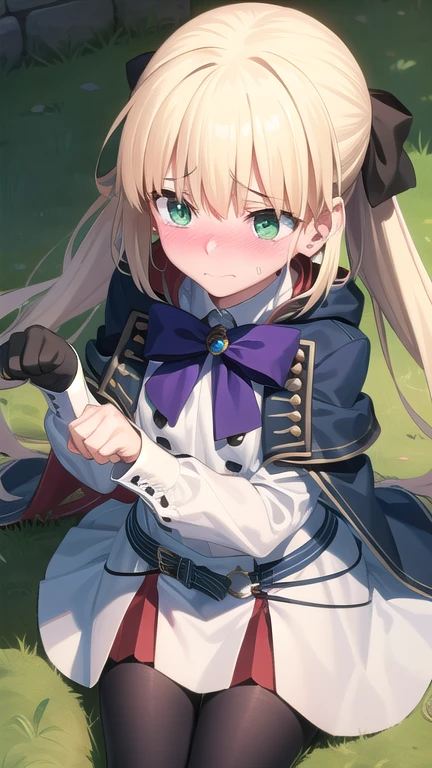 high resolution, best quality:1.3), (detailed, beautiful detailed eyes, super detailed skin, perfect face:1.2), (caustics, ambient light, sunlight:1.1),
BREAK bbcaster, long hair, twintails, green eyes, blue cape, bowtie, white dress, long sleeves, black gloves, buttons, double-breasted, blue belt, black pantyhose,
BREAK (embarrassed, blush:1.5),
BREAK (sitting floor:1.1), (paw pose:1.2),
BREAK (from above:1.2),