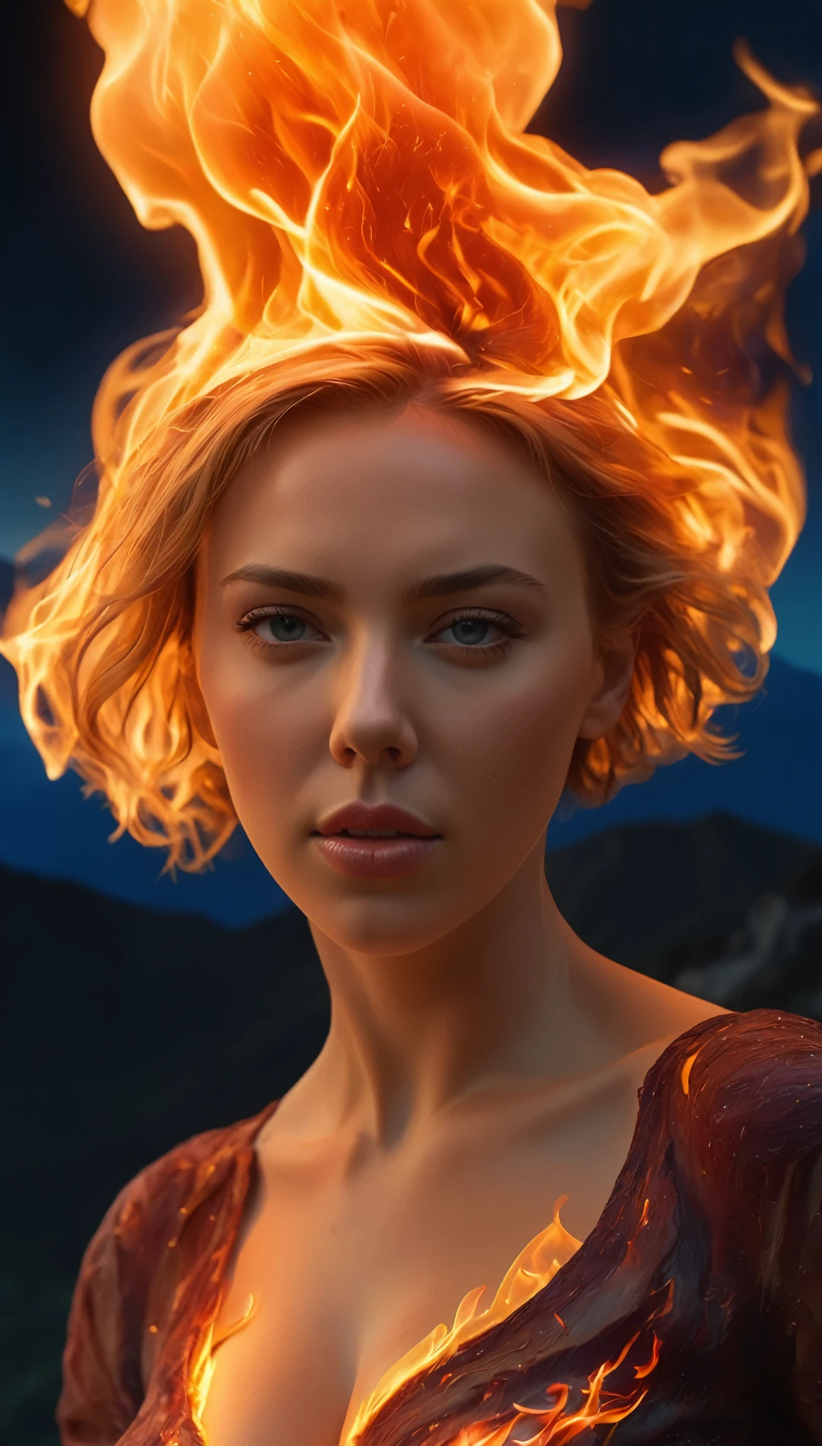 (tmasterpiece, high qulity, Best quality at best, offcial art, Beauty and aesthetics:1.2),(theelementoffire:1.4),（1 young woman：1.6，nude:2.0, small breas, see breast, ，(Scarlett Johansson （Scarlett Johansson）Play））,Composed of fire elements，Highly realistic,transparency,Sci-fi lighting effects,a skirt,flame，climaxing，（Realistic：1.4），RAW photogr，Vibrant colors，Flow and movement。standing on top of a mountain，der riese，Sexy gesture，The barefoot，without wearing shoes，Deep background，marvelous and unbelievable，Epic work，(Complicated details，hyper-detailing:1.2)，art  stations，（tmasterpiece，Best quality）ultra-realistic realism, cel shadow, anaglyph, stereograms, angle of view, movie lighting, 8K, super detailing, acurate, Best quality at best, A high resolution, Award-Awarded, Correct anatomy，delicated face，full height, full body, 