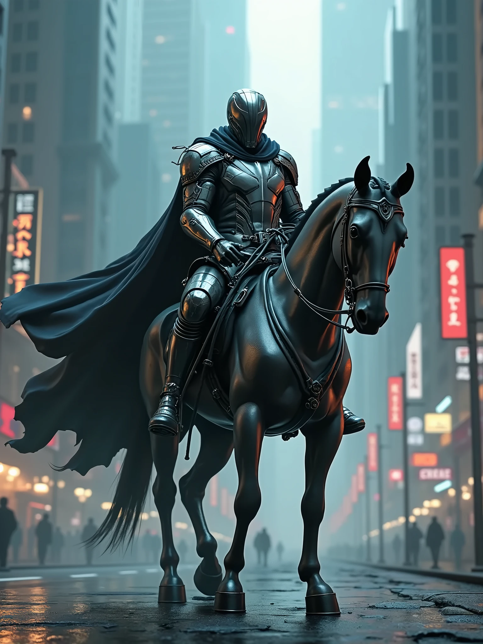 Cyberpunk Templar Moon Knight On Horseback, 8k Resolution, Hyper Detailed, Dynamic Lighting, Volumetric Lighting, Intricate Mech Details, Ground Level Shot, Cinema 4d, Behance Hd, Polished Metal, Unreal Engine 5, Rendered In Blender, Epic, Cinematic Background, Dramatic, Atmospheric