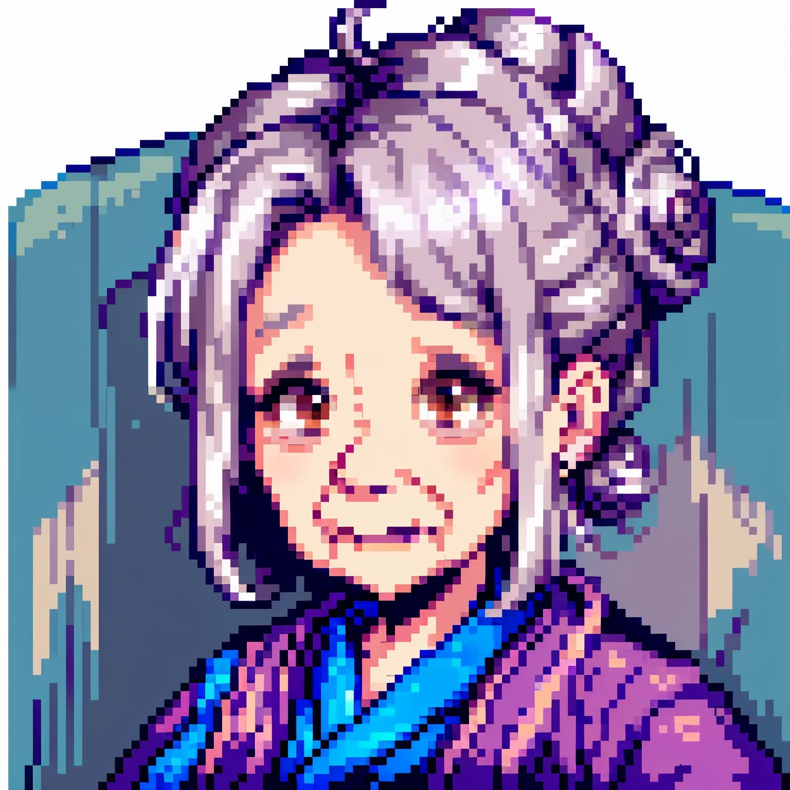 ((pixel-art portrait)) of a ite, elderly woman with silver hair tied in a (neat bun). She has a warm, chubby, kind face with gentle wrinkles, deep brown eyes, and wears simple, elegant robes in shades of blue and violet, (detailed), ((masterpiece))