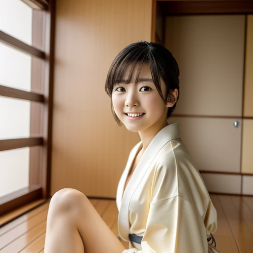 (masterpiece),(4K),(detailed photo),(high quality photo),perfect anatomy,A portrait of a Japanese idol female,teenager,no makeup ,in a minimalist setting,wearing loose-fitting bathrobe on naked body , legs crossed, large format film, soft atmosphere、(((小さい胸)))、(((平らな胸))),short hair,open mouth,close to viewer 、大きく口を開ける、顎を上げる、おじさんの大きくなってるよw