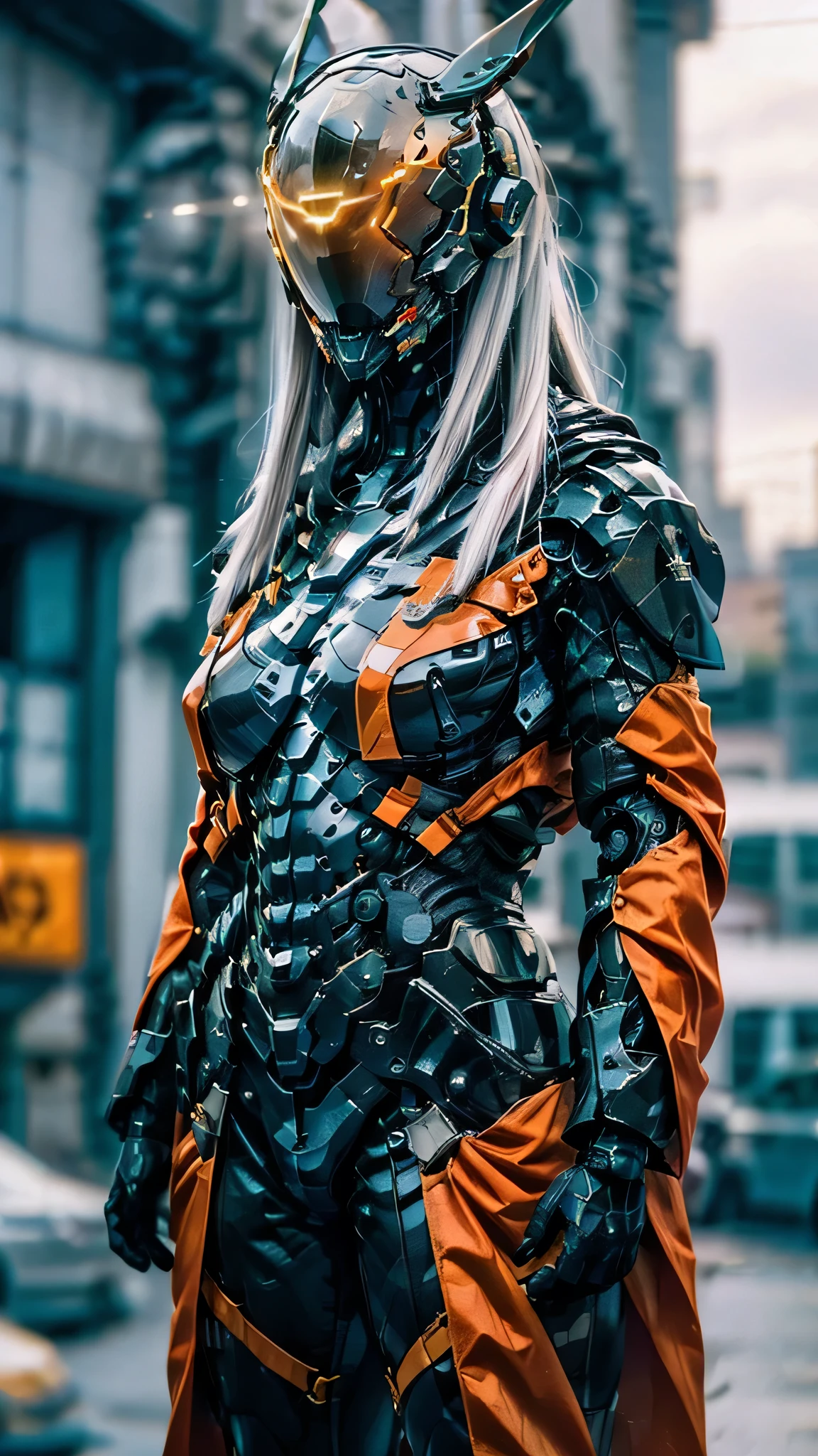 1girl, a beautiful girl cyborg cyberpunk with a cyberpunk city tall buildings, white hair, cybermask, white and orange and black machine suit color combination, the body full of machine, realistic futuristic hologram, asian skin tone, beautiful eye, beautiful asian face, cyber ear machine, suits is solid mecha, realistic machine, sci fi scape, manipulation is a masterpiece, long hair, masterpiece, suit of cyberpunk, realistic sci fi building texture mecha aestethic, digital cyberpunk, looming over a city, cyber technology, realistic hair, lots of hair, white of hair, realistic metal solid texture of building, realistic neon glow, realistic neon sign, wonderful side lighting, realistic futuristic cyberpunk building, realistic girl robot cyberpunk, fog, foogy, masterpiece of detail, RAW IMAGE, depth of field, point of interes, depth of field is masterpiece, best photography composition masterpiece, natural realistic hair, rule of third masterpiece photography, natural lighting, photography masterpiece natural lighting from side, realistic skin texture, strong reflection, ( pose pinterest) masterpiece beautiful, Devil Horns, smooth pixel, ray of light, soft light, small breasts, mastepiece of cyber mask, masterpiece fantasy gun, carry a fantasy weapon, weapon fantasy (artstation)