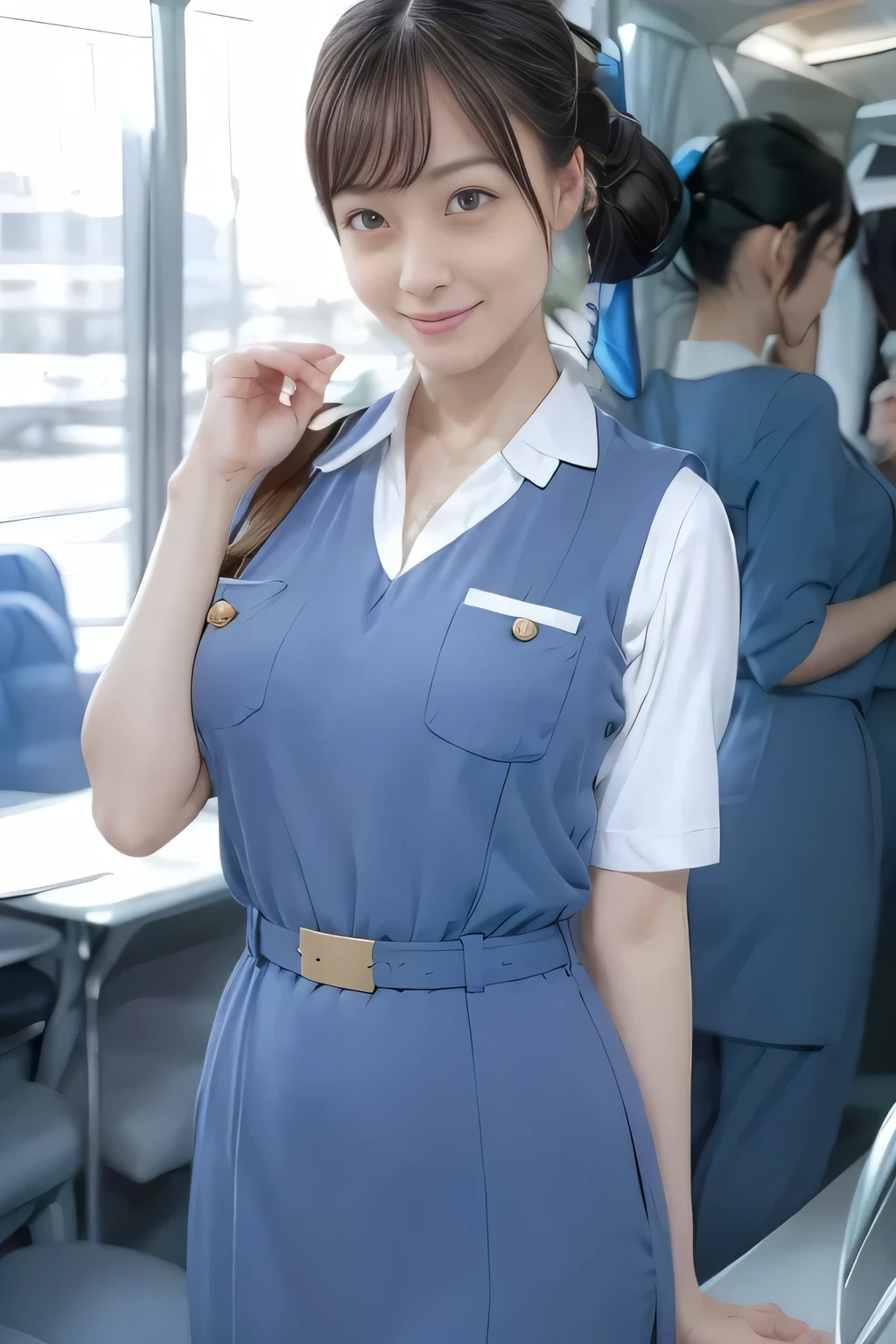 (masterpiece:1.2, Best Quality:1.2), 32K HDR, High resolution, (Alone、1 girl)、（On the roof of a building during the day、Professional Lighting）、Building rooftop background、（Real style wearing Japan air system cabincrew uniform blue）、（（Japan Air System cabincrew uniform blue jumper skirt with pockets on both sides、Japan air system cabincrew uniform blue jumper skirt with buttons on the pocket、White short sleeve blouse 、 Light blue vest around waist、Scarf around the neck））、Dark brown hair、（Long Hair、Hair tied up、Hair tied up）、Dark brown hair、Long Shot、Big Breasts、Thin legs、（（Great hands：2.0）），（（Harmonious body proportions：1.5）），（（Normal limbs：2.0）），（（Normal finger：2.0）），（（Delicate eyes：2.0）），（（Normal eyes：2.0））)、smile、（Japan air system cabincrew uniform blueを見せた美しい立ち姿）、Hands clasped underneath