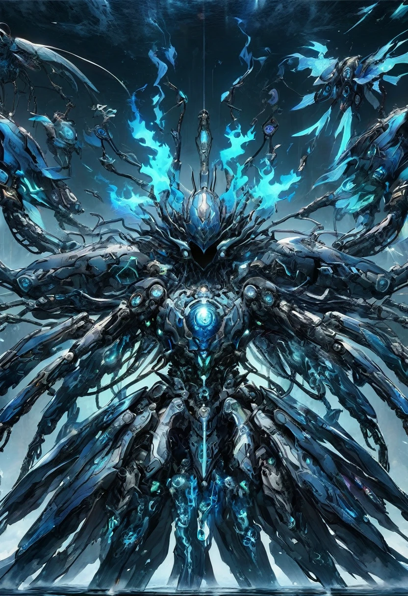 (), score_9, score_8_up, score_7_up, best quality, aion, ((no face)), four hands, (mechanical creature), divine god, blue fire, android