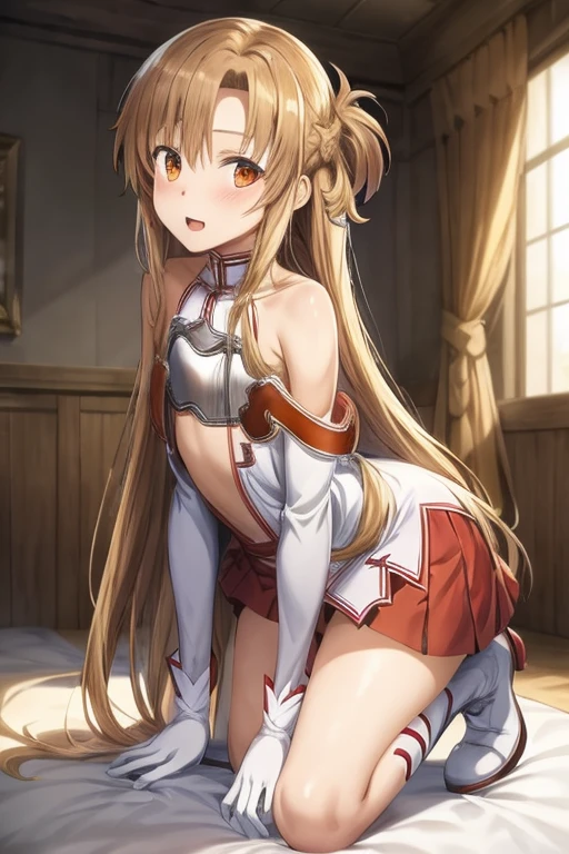 ((Best Quality)), ((masterpiece)), (be familiar with), Perfect Face, indoor, bedroom, Watching the audience,
One woman, Yuuki Asuna,
Open Mouth, Ecstatic expression, blush, smile,
Small breasts, Flat Chest, , , , Girl,
Long Hair, Long Hair,
Leg spread,