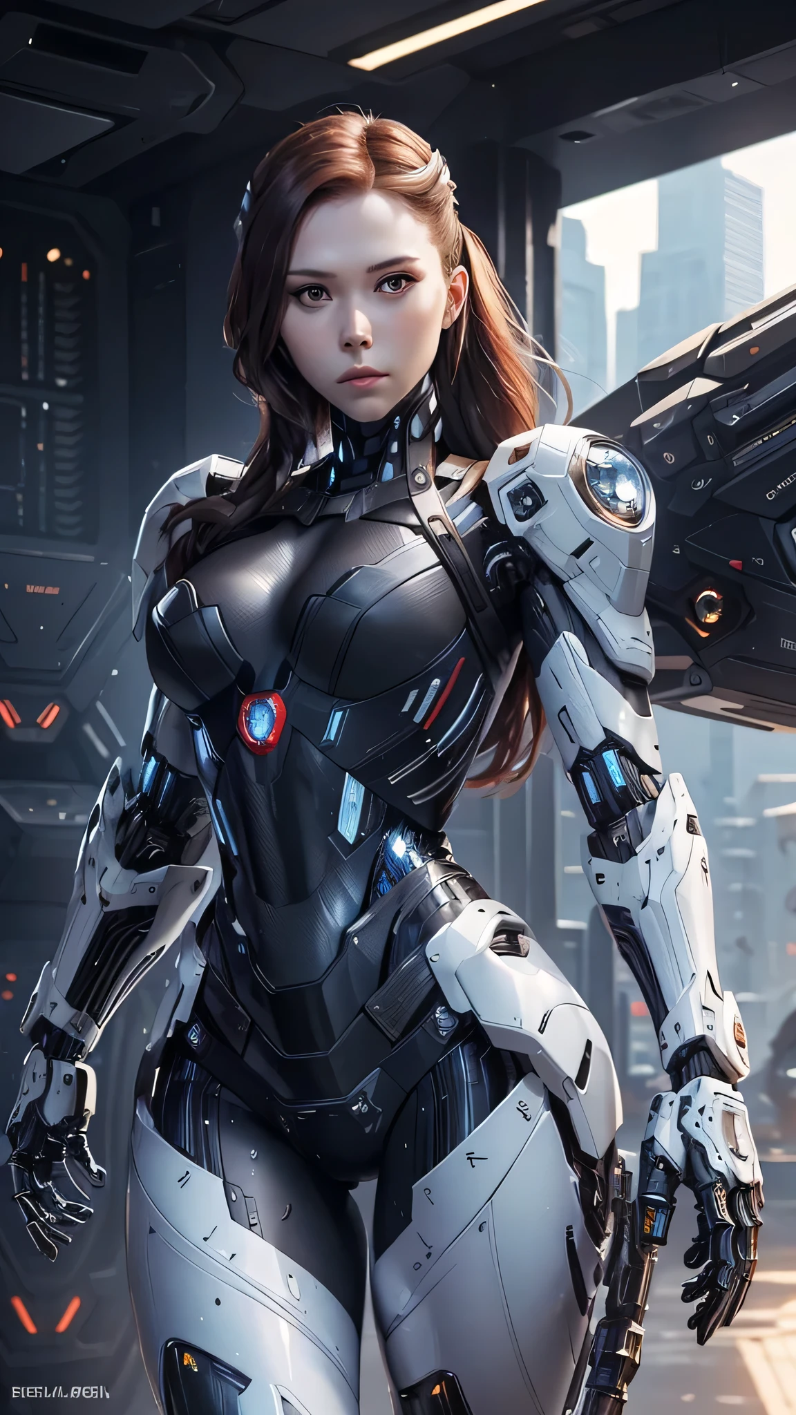 Textured skin, Super Detail, high details, High quality, Best Quality, hight resolution, 1080p, hard disk, Beautiful,(War Machine),(Black widow),beautiful cyborg woman,Mecha Cyborg Girl,Battle Mode,Girl with a Mecha Body,She wears a futuristic war machine weapon mech,Fulll body Shot