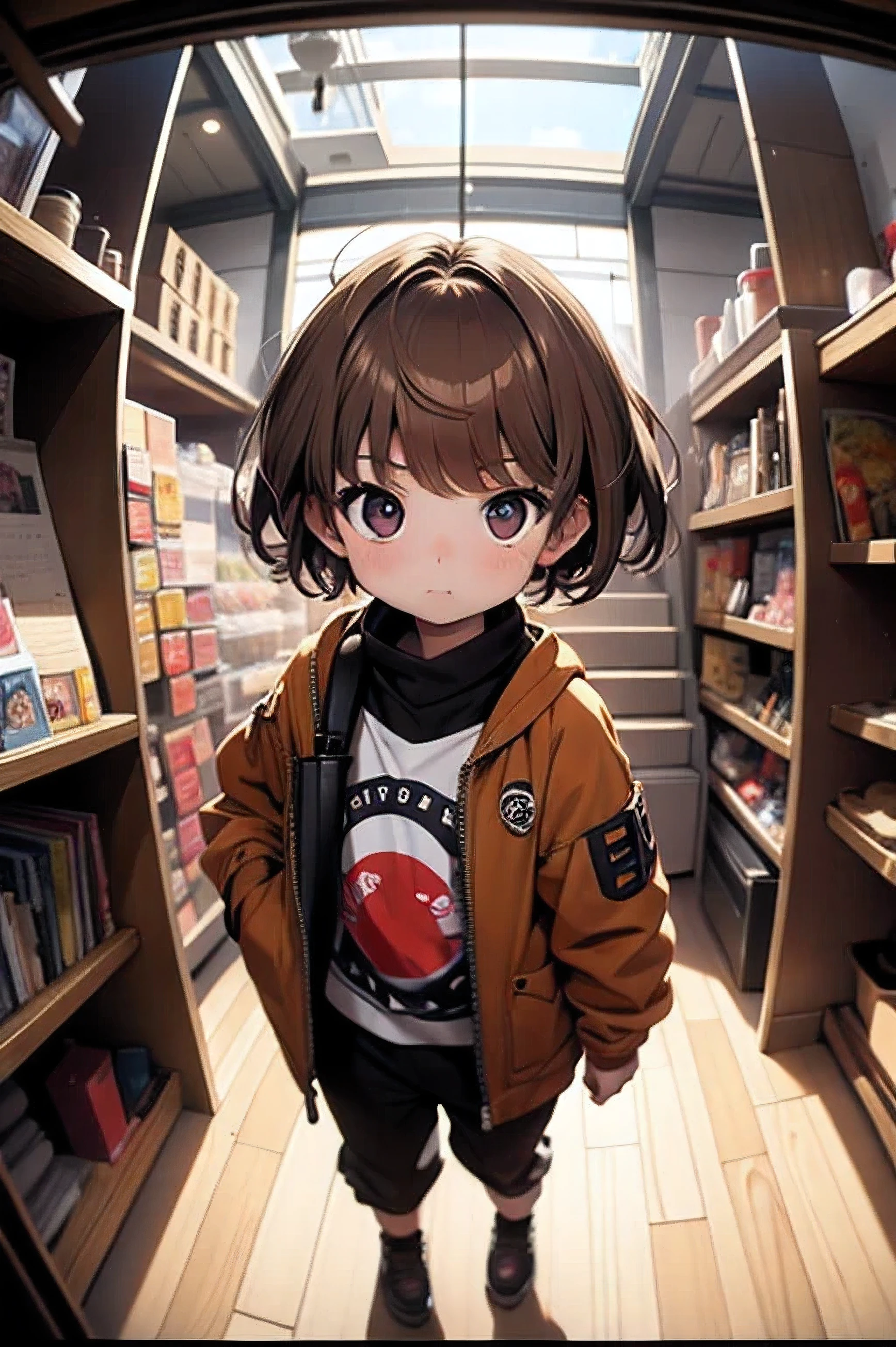 masterpiece, 4K, High resolution, Fisheye Lens, Short hair, Very small young girl, Brown Hair, Youth British Rock Style, baby face, Child&#39;s body shape, A very young woman wearing a white dress and wearing a helmet, sitting upright, 1girl, Alone, short hair, realistic, brown hair, looking at viewer