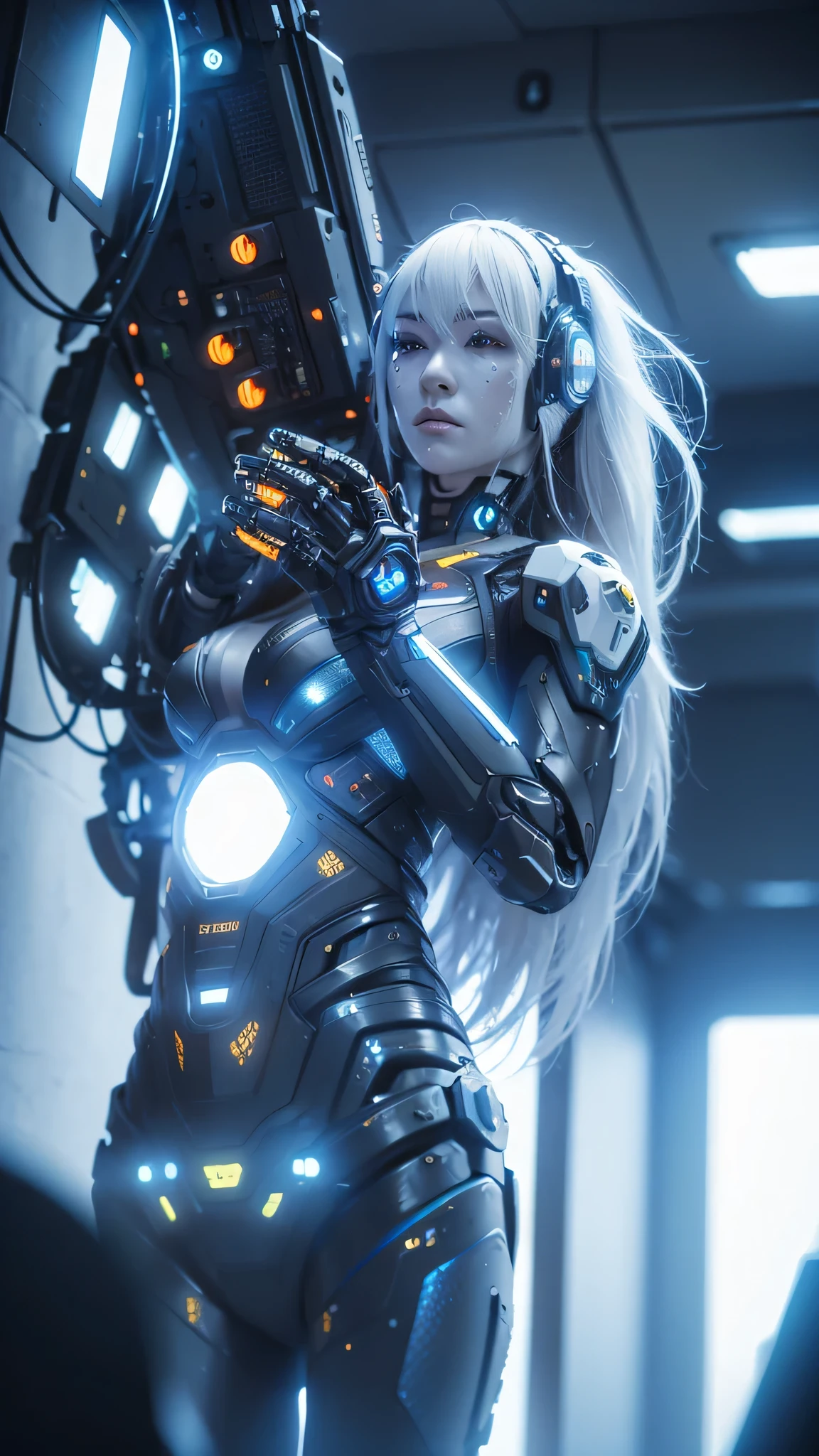 1girl, a beautiful girl cyborg cyberpunk with a cyberpunk city tall buildings, white hair, cybermask, white and orange and black machine suit color combination, the body full of machine, realistic futuristic hologram, asian skin tone, beautiful eye, beautiful asian face, cyber ear machine, suits is solid mecha, realistic machine, sci fi scape, manipulation is a masterpiece, long hair, masterpiece, suit of cyberpunk, realistic sci fi building texture mecha aestethic, digital cyberpunk, looming over a city, cyber technology, realistic hair, lots of hair, white of hair, realistic metal solid texture of building, realistic neon glow, realistic neon sign, wonderful side lighting, realistic futuristic cyberpunk building, realistic girl robot cyberpunk, fog, foogy, masterpiece of detail, RAW IMAGE, depth of field, point of interes, depth of field is masterpiece, best photography composition masterpiece, natural realistic hair, rule of third masterpiece photography, natural lighting, photography masterpiece natural lighting from side, realistic skin texture, strong reflection, ( pose pinterest) masterpiece beautiful, Devil Horns, smooth pixel, ray of light, soft light, small breasts, mastepiece of cyber mask, masterpiece fantasy gun, carry a fantasy weapon, weapon fantasy (artstation)