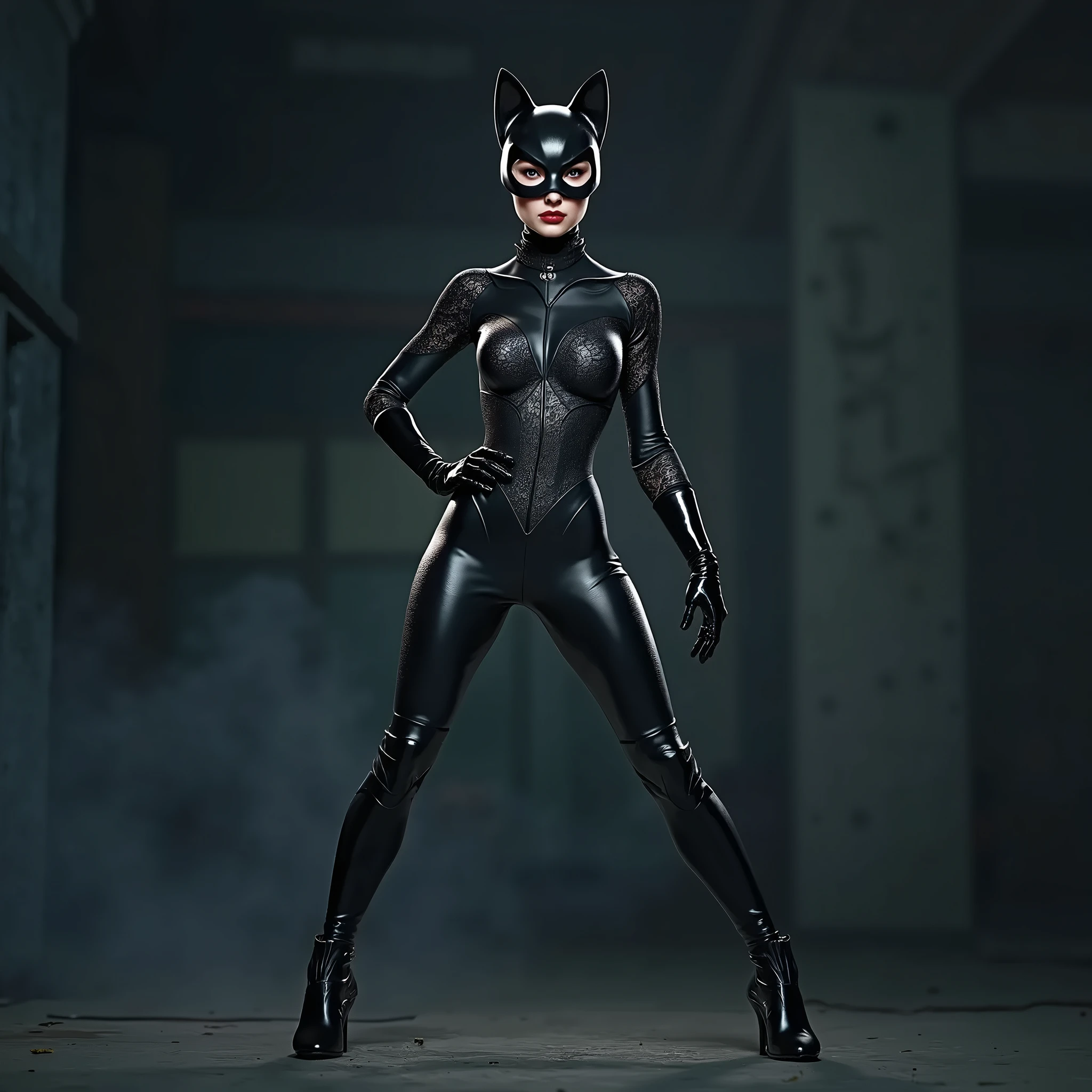 score_9_up, score_8_up, score_7_up, 1girl, solo, mature female, ((Catwoman)), brown long straight hair, brown eyes, red lips, parted lips, fit slim body,(((perfect erected medium breast))) (((black tight suit, black eye mask))), (((highly detailed bunker, white neon lights))), perfect fit model body, pumped up ass, wide hips, seductive pose