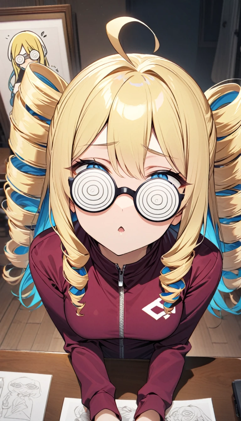 score_9, score_8_up, score_7_up, score_6_up, score_5_up, score_4_up, BREAK source_anime, 1girl, solo, glasses on top of the head, visor, gradient Hair, long hair, @_@, well done, pretty face, bandage, stylish