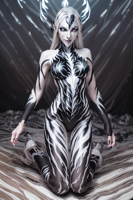 Dark elf, (Full body silver paint:1.5), Silver body paint, Face paint, (Black flame pattern body paint:1.6), (White flame pattern body paint:1.5), Photorealistic, Bat feathers, silver hair, large breasts, realistic, kneeling, smile, Two girls, blue eyes, micro bikini