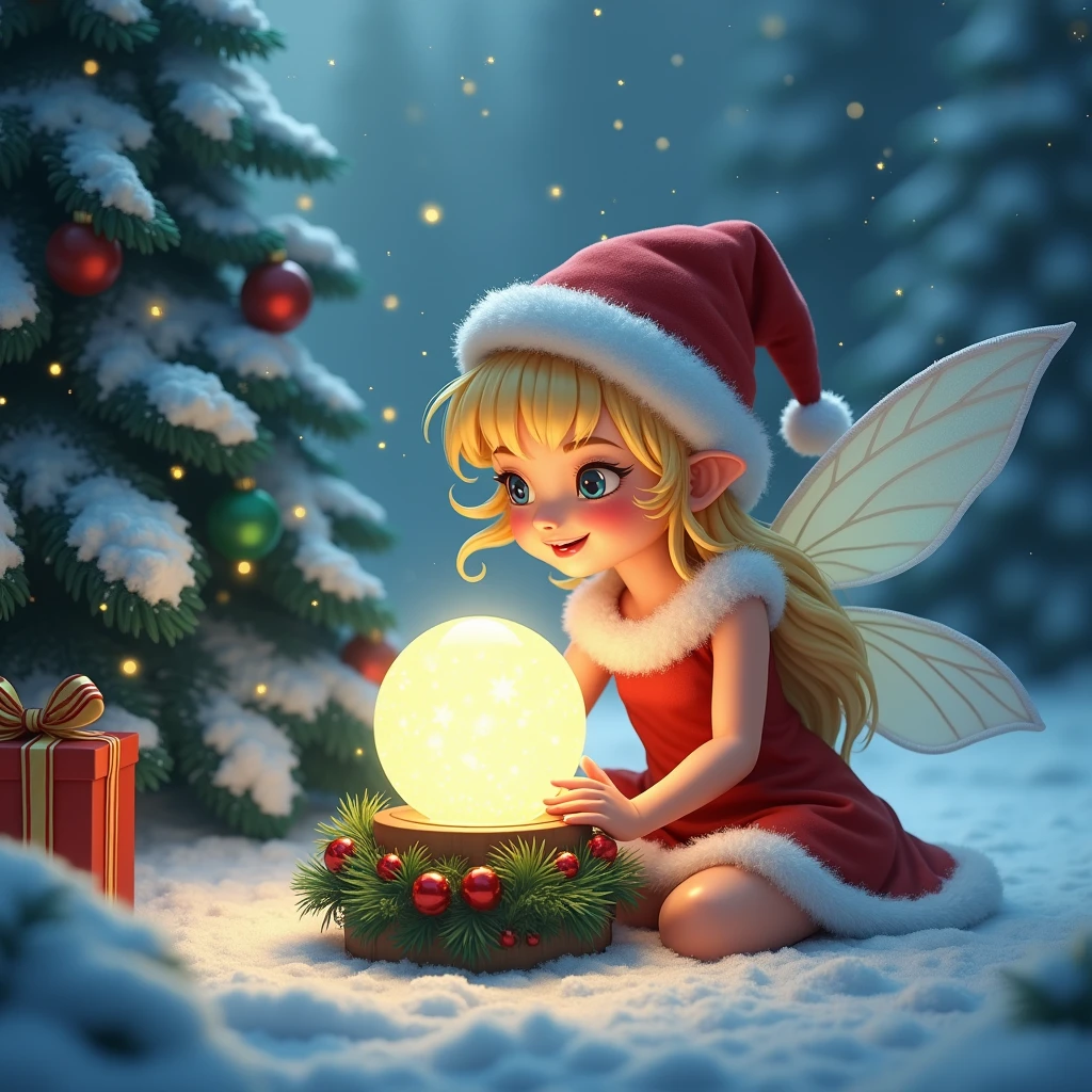 A little fairy view Christmas crystal ball from outside, Christmas crystal ball, tree is dusted with snow, snowing, Christmas, best quality, absurdres, ultra detailed, 8k, (solo), grin, blonde hair girl, Santa Claus hats, sitting, detailed face, detailed eyes, illumination light shines