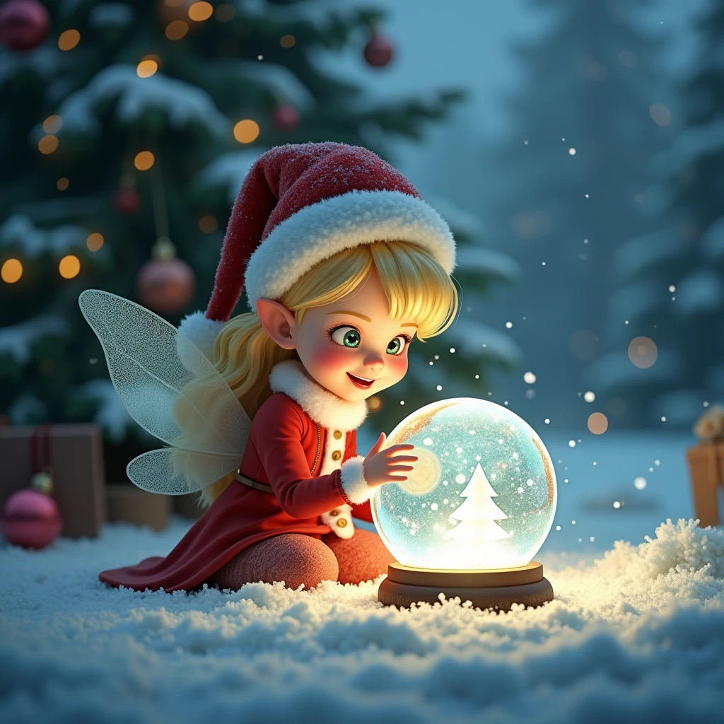 A little fairy view Christmas crystal ball from outside, Christmas crystal ball, tree is dusted with snow, snowing, Christmas, best quality, absurdres, ultra detailed, 8k, (solo), grin, blonde hair girl, Santa Claus hats, sitting, detailed face, detailed eyes, illumination light shines