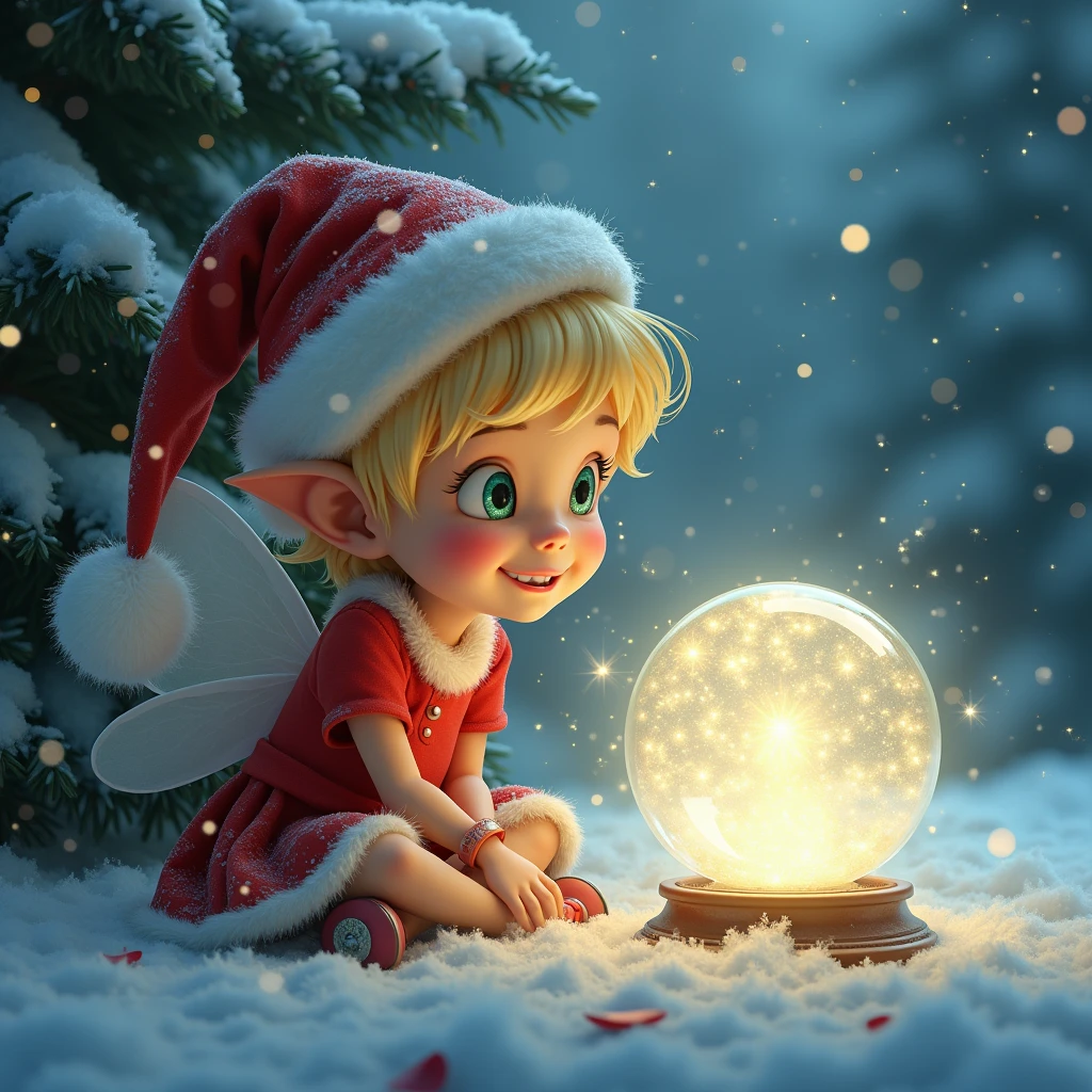 A little fairy view Christmas crystal ball from outside, Christmas crystal ball, tree is dusted with snow, snowing, Christmas, best quality, absurdres, ultra detailed, 8k, (solo), grin, blonde hair girl, Santa Claus hats, sitting, detailed face, detailed eyes, illumination light shines