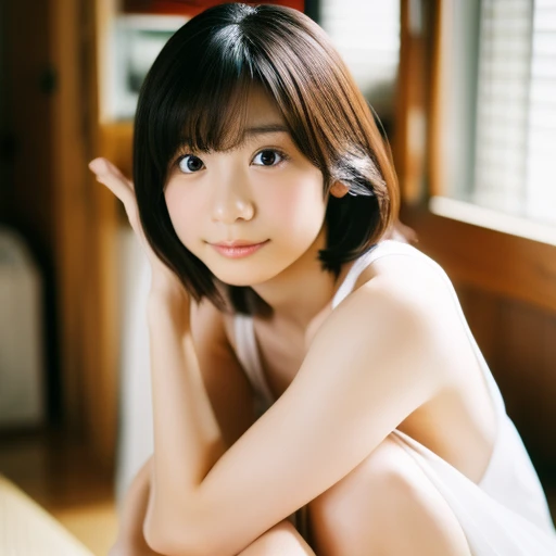 (masterpiece),(4K),(detailed photo),(high quality photo),perfect anatomy,A portrait of a Japanese idol female,teenager,no makeup ,in a minimalist setting,wearing loose-fitting bathrobe on naked body , legs crossed, large format film, soft atmosphere、(((小さい胸)))、(((平らな胸))),short hair,open mouth,close to viewer 、大きく口を開ける、顎を上げる、おじさんの大きくなってるよw