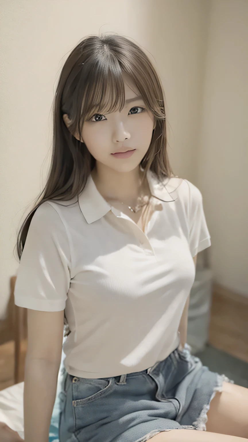 White tight shirt、Mini Tight Skirt、a bed、a smile、shortsleeves