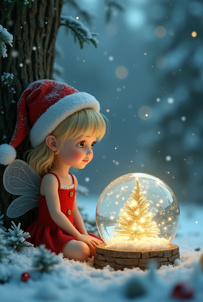 A little fairy view Christmas crystal ball from outside, Christmas crystal ball, tree is dusted with snow, snowing, Christmas, best quality, absurdres, ultra detailed, 8k, (solo), angel's smile, blonde hair girl, Santa Claus hats, sitting, detailed face, detailed eyes, illumination light shines