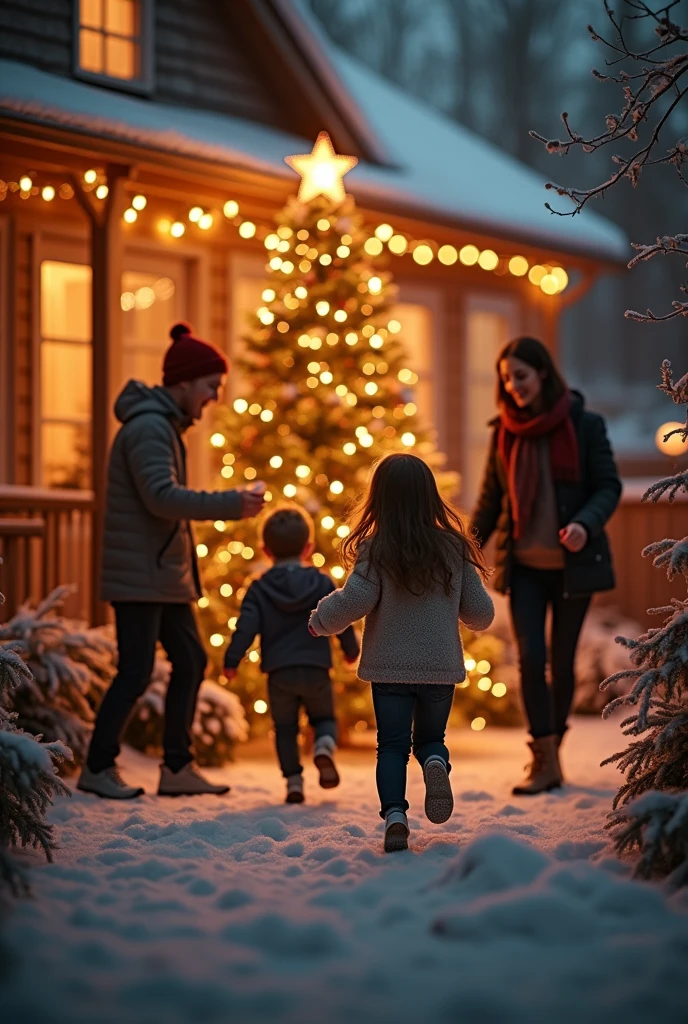 [Scene 1 - 0:00 - 0:05] Soft Christmas music plays. A house decorated with Christmas lights is shown. A smiling family is gathered around the Christmas tree. a , about , runs excitedly towards the tree.
