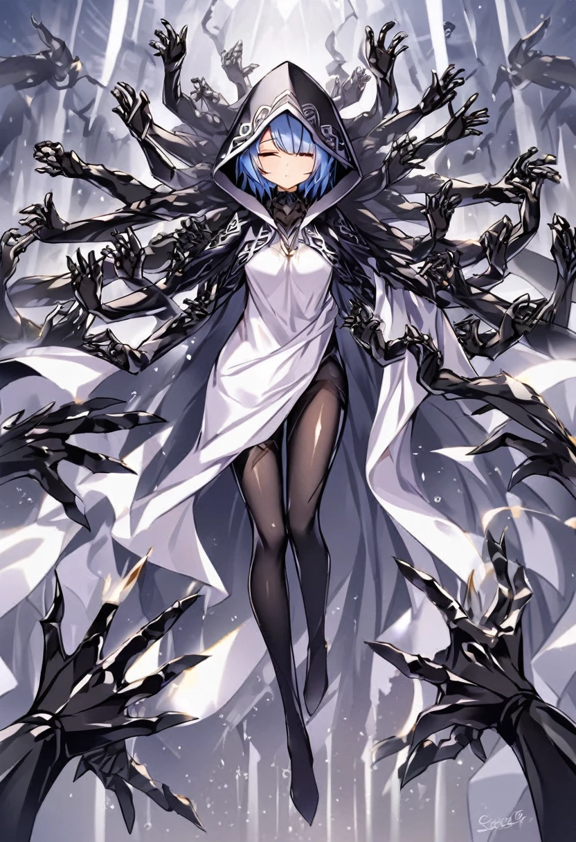 (uncensored), score_9, score_8_up, score_7_up, best quality, aion, 1 woman, six hands, closing eye, full body, wrap yourself in cloth, god, floating, hood