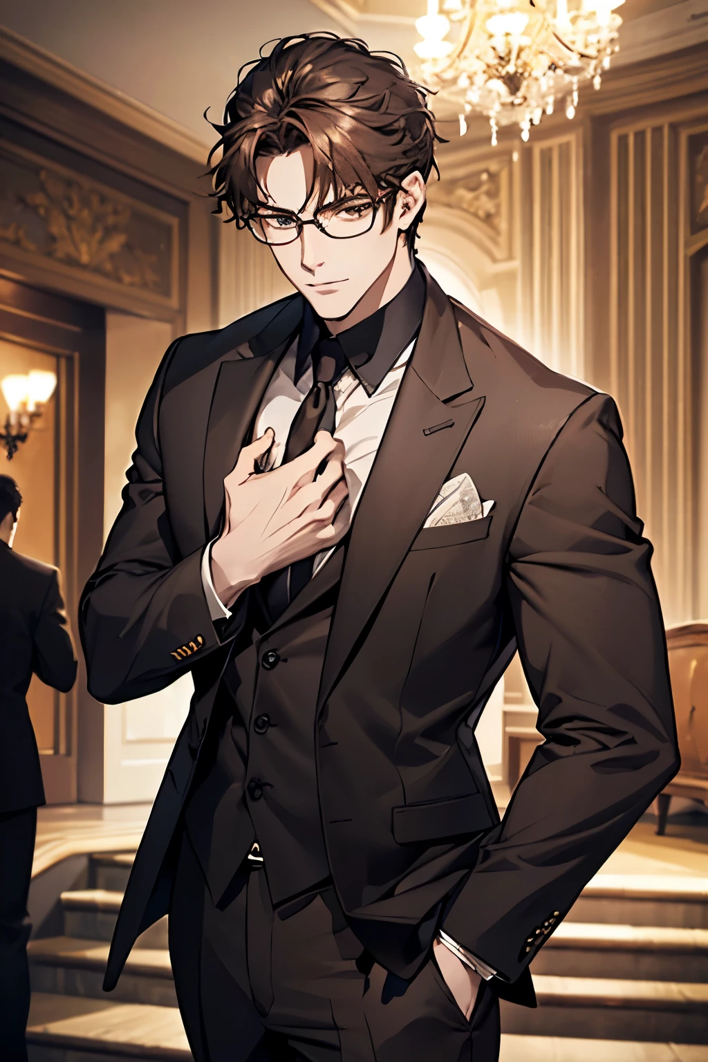 A handsome man in a gray brown suit, A bodyguard in dark clothes, Two people climbed the stairs of the villa to the living room, Perfect face, perfect hands, (best qualityer, 4K, 8k, high resolution, work of art:1.2), ultra detali, (realisitic, photorealisitic, photo-realisitic:1.37), HDR, ultra HD, studio lighting, ultra-fine painting, sharp focus, physics-based rendering, extreme detailed description, proffesional, Vivid colors, bokeh, (portrait), wearing glasses.