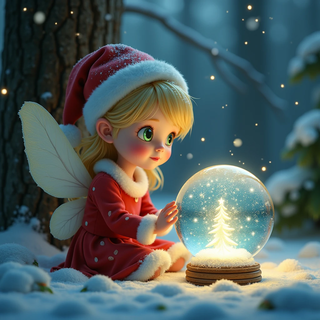 A little fairy view Christmas crystal ball from outside, Christmas crystal ball, tree is dusted with snow, snowing, Christmas, best quality, absurdres, ultra detailed, 8k, (solo), angel's smile, blonde hair girl, Santa Claus hats, sitting, detailed face, detailed eyes, illumination light shines