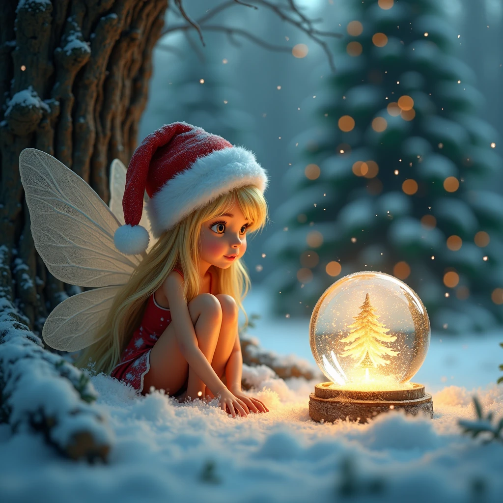 A little fairy view Christmas crystal ball from outside, Christmas crystal ball, tree is dusted with snow, snowing, Christmas, best quality, absurdres, ultra detailed, 8k, (solo), angel's smile, blonde hair girl, Santa Claus hats, sitting, detailed face, detailed eyes, illumination light shines