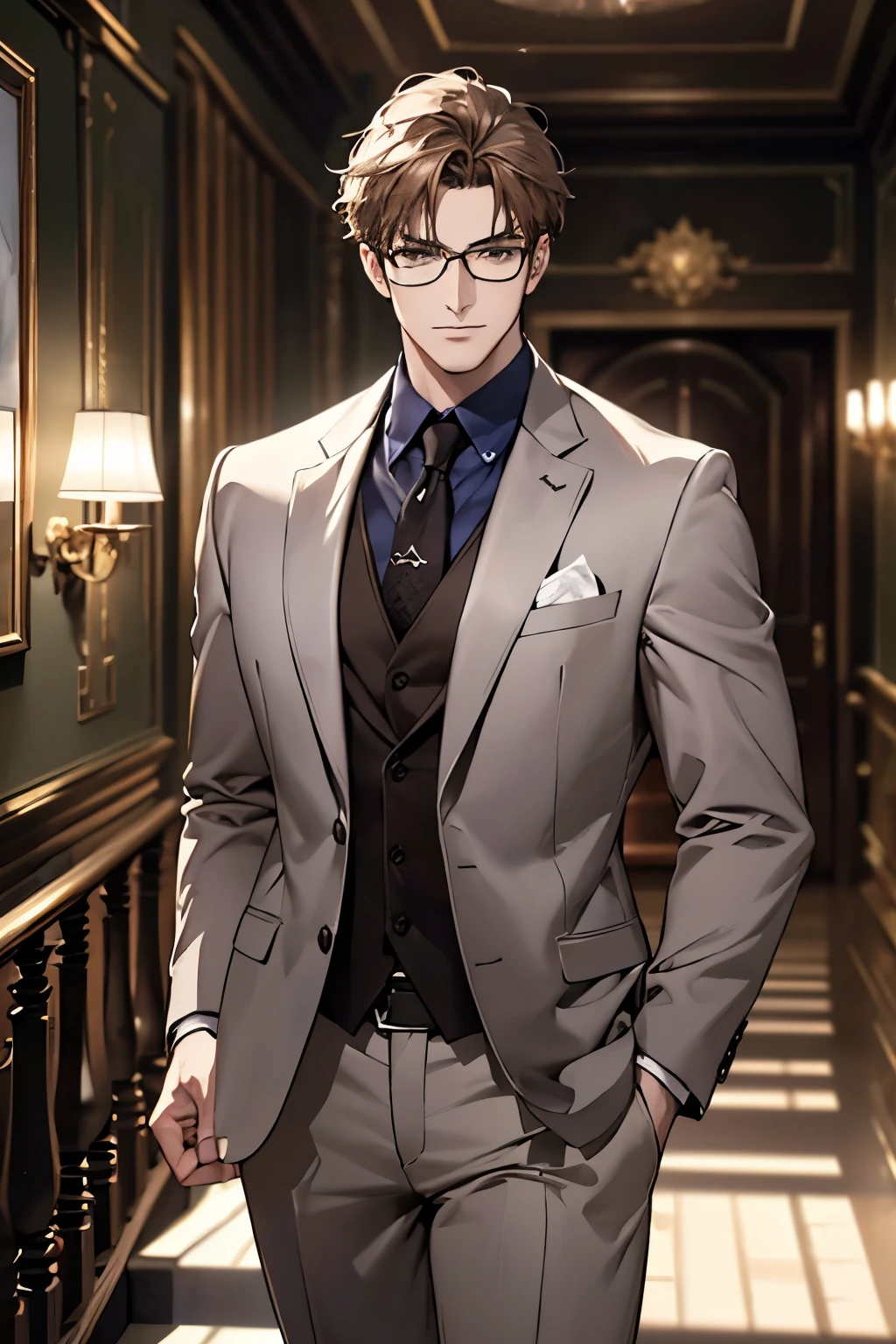 A handsome man in a gray brown suit, A bodyguard in dark clothes, Two people climbed the stairs of the villa to the living room, Perfect face, perfect hands, (best qualityer, 4K, 8k, high resolution, work of art:1.2), ultra detali, (realisitic, photorealisitic, photo-realisitic:1.37), HDR, ultra HD, studio lighting, ultra-fine painting, sharp focus, physics-based rendering, extreme detailed description, proffesional, Vivid colors, bokeh, (portrait), wearing glasses.