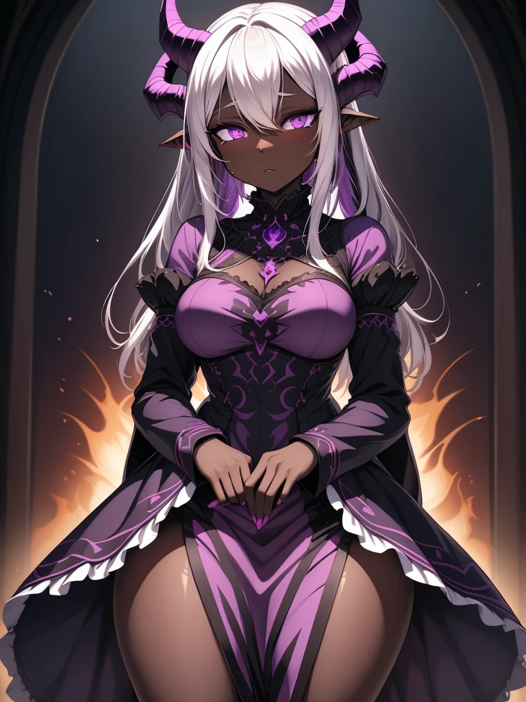 absurdres, ((high-resolution)), ultra detailed, vivid colors, abyssal goddess, dark skin, horns, white hair, ((medium hair:1.2)), (sidelocks:1.3), purple eyes, disheveled hair, long sleeves, fril gothic dress, purple and pink outfit, abyssal, darkness, fractal, psychedelic, Whimsical