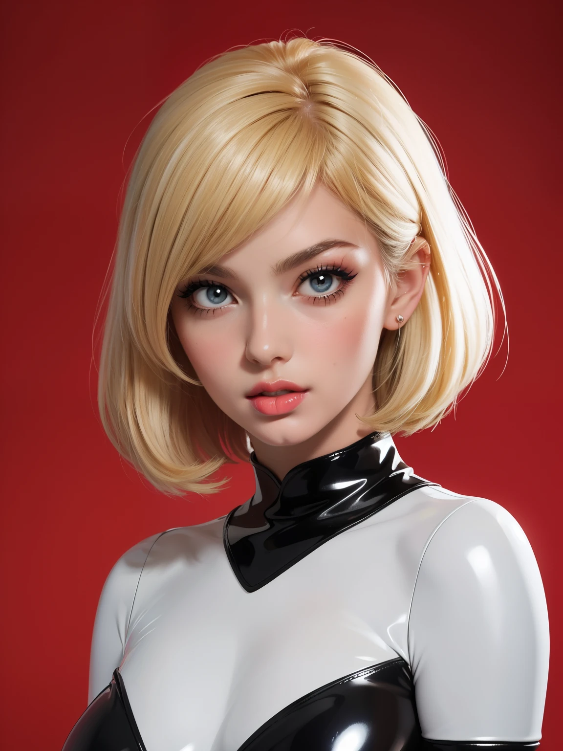 (((Masterpiece))) redhead woman with short hair in (((dressed in 1950's or 1960's pulp sci fi costume, Spy look, Black and White latex, White latex))) , a photo by Allan Linder, flickr, pop art, hair, 60s style, 60s style, brigitte bardot, 1960s style, retro 60s fashion, poppy, cut, medium yellow blond hair, pixie, redhead hair, sexy pose, small breast, beautiful sexy look, sweet lips, hard nipples, pink nipples, red lips, Double flick lined eyes, rock and roller makeup, lustful look, sexy eyes, red flat background,
