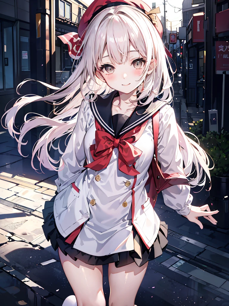 Girl on the city street,White small beret,Sailor suit with red bow tie,P-coat,Checkered Pleated Skirt,1,bangs,Long Hair，Ahoge,A small smile,Thighs,Knee,From above, 