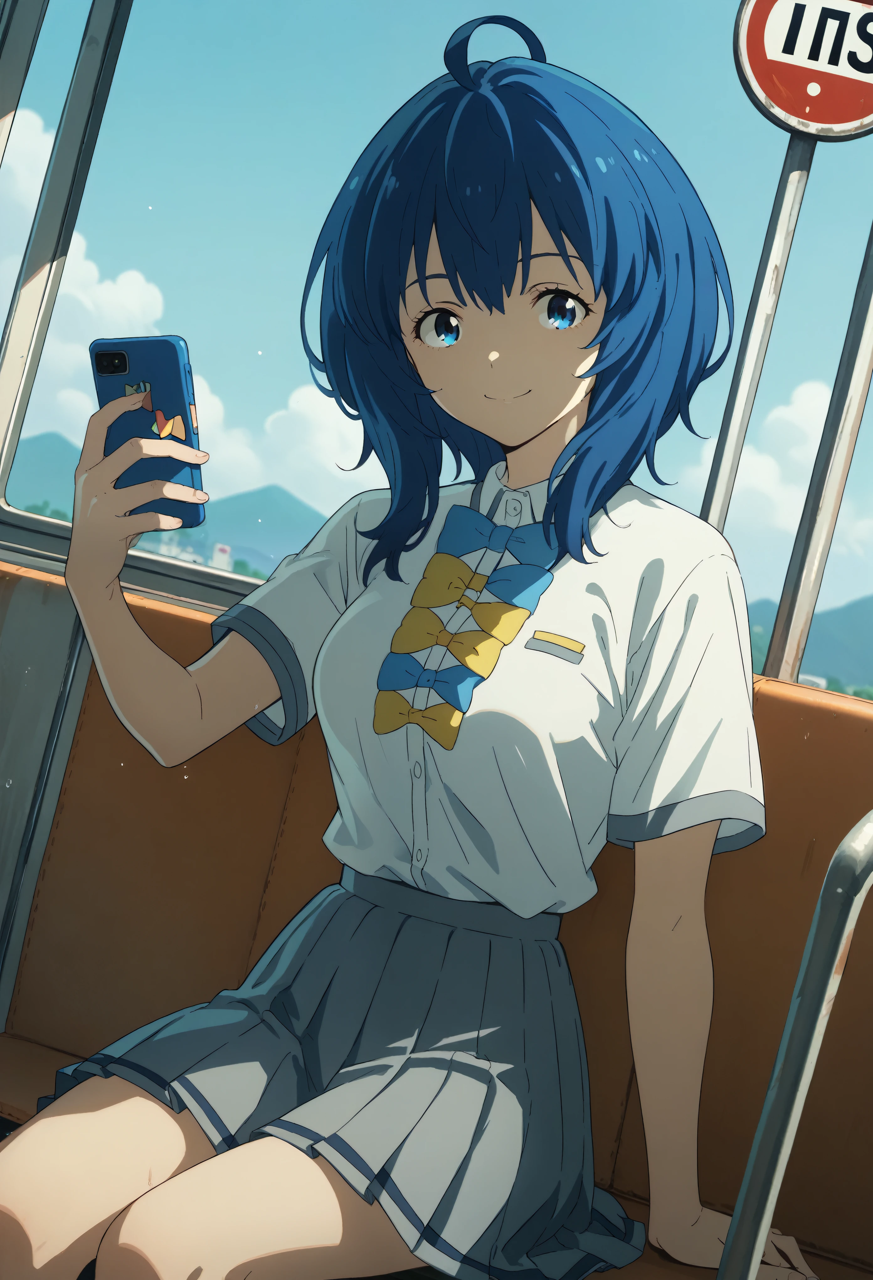 Score_9, Score_8_up, Score_7_up, source_anime, annayanami, annayanami, medium hair, blue eyes, ahoge, blue hair, medium breasts, skirt, shirt, bow, school uniform, white shirt, short sleeves, pleated skirt, bow tie, yellow bow, gray skirt, yellow bow tie, blue bow, blue bow tie, bus stop, wait, commuter, smartphone, check time, cold morning, smile, look at viewer, sitting, arm, table, alone, cowboy shot, dutch angle