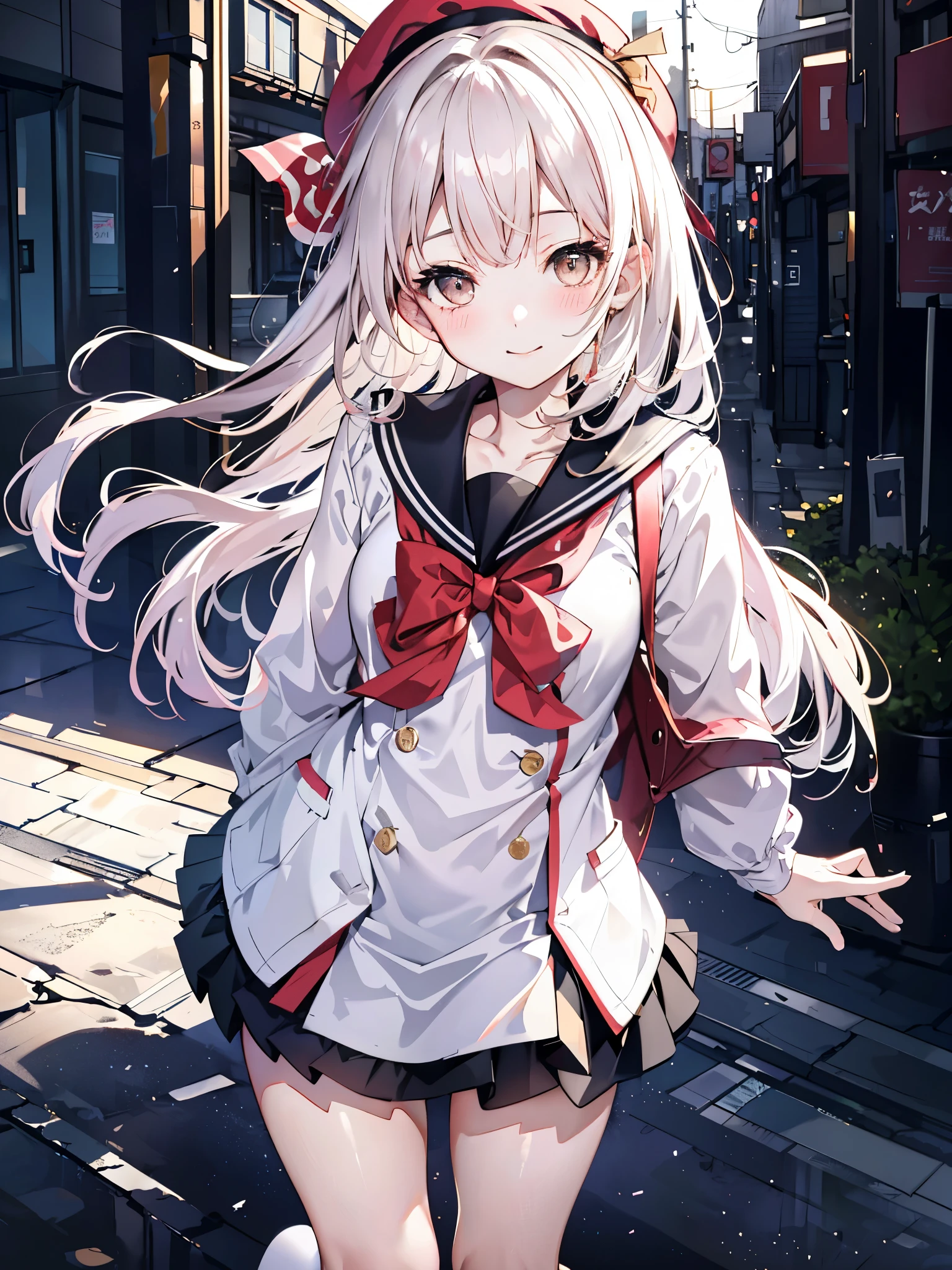 Girl on the city street,White small beret,Sailor suit with red bow tie,P-coat,Checkered Pleated Skirt,1,bangs,Long Hair，Ahoge,A small smile,Thighs,Knee,From above, 