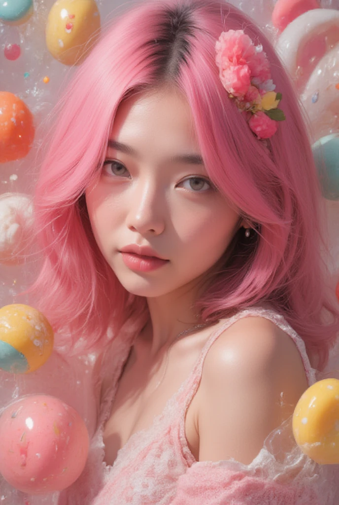 real photograph, Jpop girl that has a y2k vibe with pink bob hair and surrounded by candy, pretty face, 