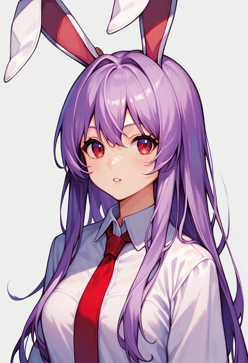 score_9, score_8_up, score_8, score_9, 1 girl,  source_anime,  reisen udongein inaba, purple hair, red eyes, rabbit ears, rabbit girl, long hair, portrait, white shirt, red necktie