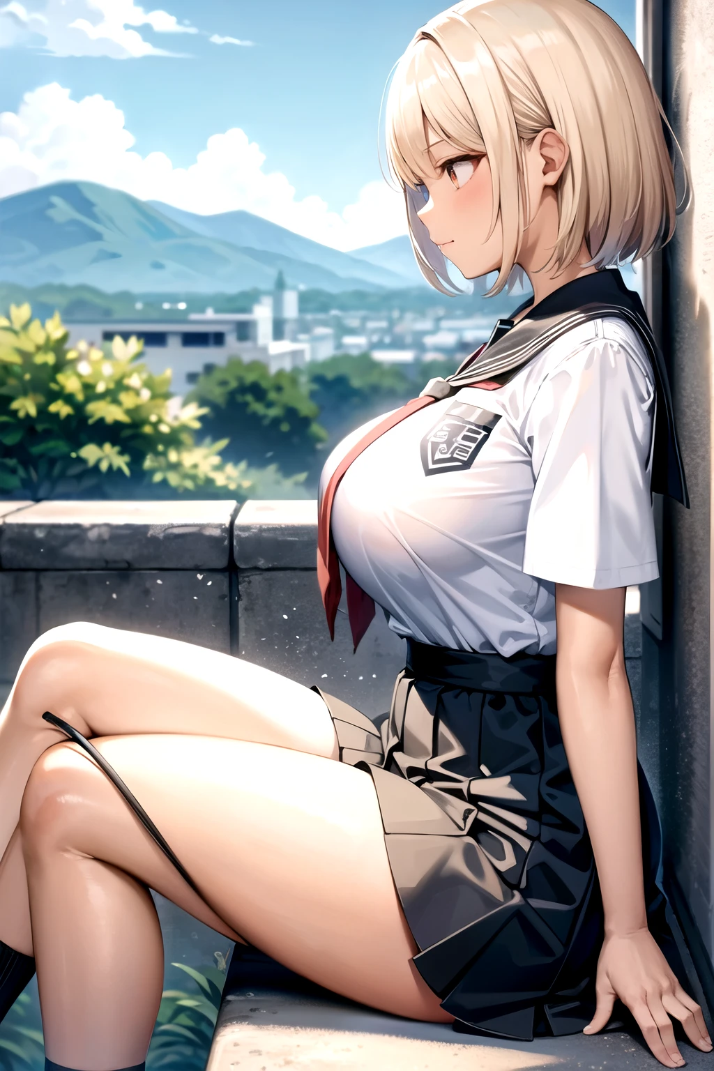 Blonde　Dark skin color　Brown skin　Huge breasts　School Uniform　Black socks　Child System　Medium Hair　Narrow waist　Side view　profile　Right beside　Landscape　Sitting with legs crossed