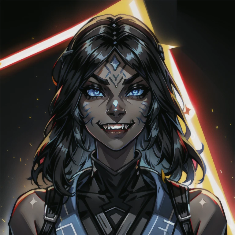 Cathar, solo, 1girl, female focus, black hair, black skin, smirk, blue eyes, looking at viewer, fangs, Star Wars, Jedi, Cathar Species