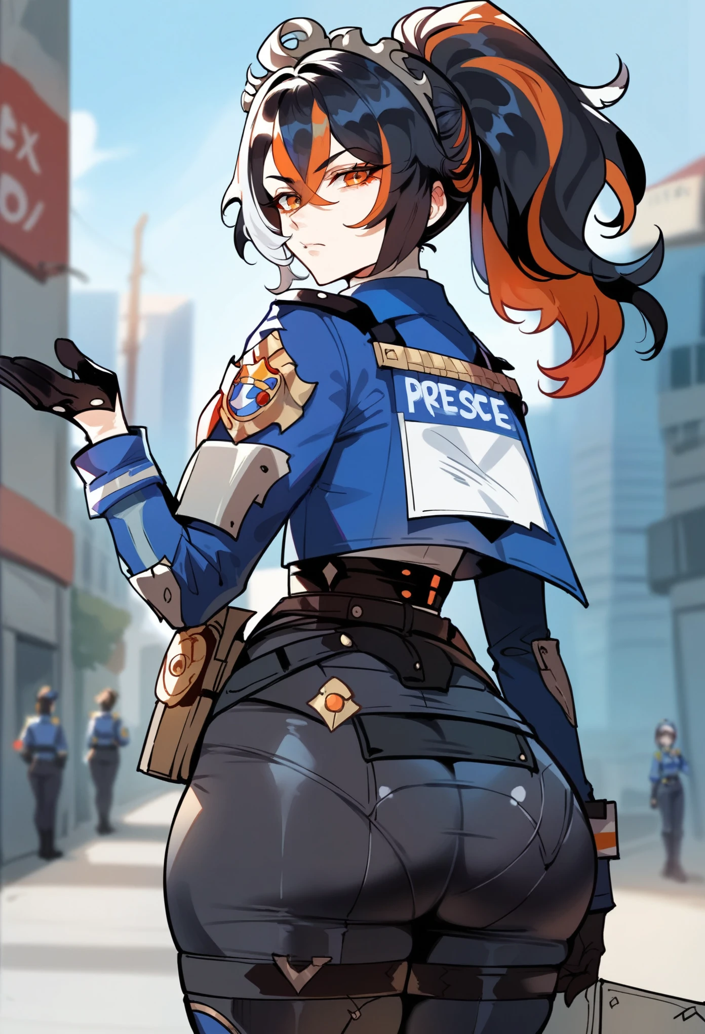 (Floox style:1.5), 1girl, solo, zhu yuan, orange eyes, black hair, long hair, streaked hair, ponytail, metal hairband, police uniform, blue jacket, cropped jacket, long sleeves, black vest, two-tone vest, black gloves, green necktie, plaid necktie, black pants, high-waist pants, belt, thigh straps, knee pads, holster, tight pants, blue footwear, big ass, looking at viewer, cowboy shot