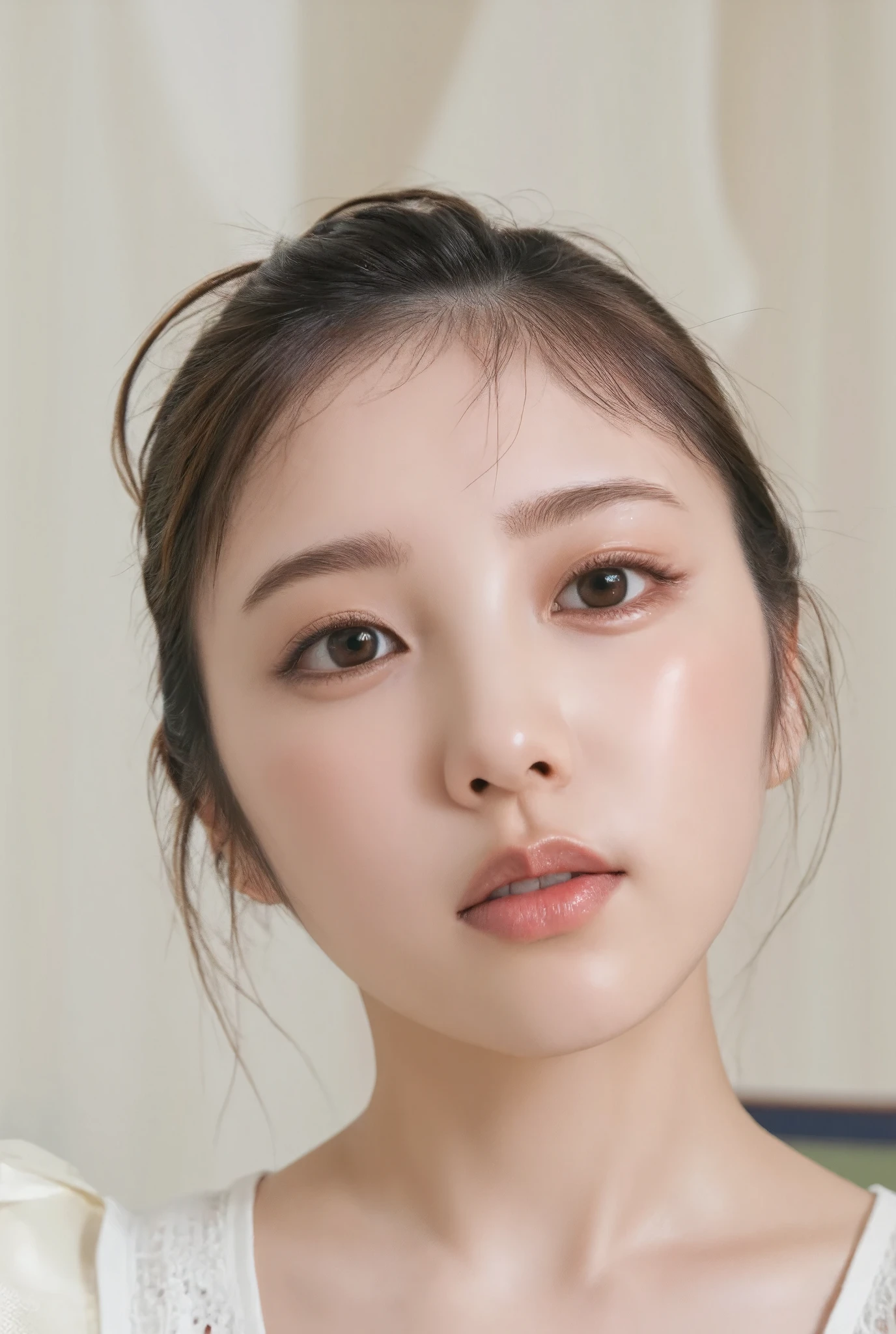 (Best Quality:1.5), (Skin texture and pores:1.7), Sharp focus captures the entire face、Creates natural shadows on the cheeks and forehead, (HDR:1.4), Pores and fine skin details are realistically depicted.、Lighting enhances skin texture (Skin Detail:1.8), The lips have a slight sheen、The natural pink color creates an elegant reflection of light., The hair is realistically expressed.、The background is blurred, giving it a luxurious feel with studio lighting. (Background Blur:1.3)