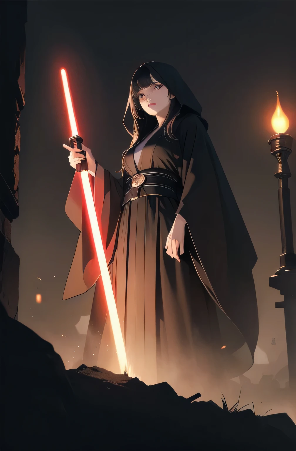 Shadow Face、Star Wars, jedi, black jedi robe、black robe, black belt,Star Wars concept art, Star Wars、jedi、Lightsabers、Black Robe、jediの服、Black hoodを被る、Star Wars、beautiful girl、cute、Droopy eyes、Black Hair、Beautiful Long Hair、Straight hair、bangs、bangsbangs、bangs、hime cut、Big Breasts、Slim body、slim、(Best Quality,4K,High resolution,Masterpiece 1.2),Very detailed,Real 1.37,Spooky altar background,Dark fantasy,Black color scheme,Ominous atmosphere,Eye-catching,story,Anime Style,Concept Art,Inappropriate behavior,beautiful, Delicate facial features, pale Skin, night、Dim lighting、Dark Background, Cinema Lighting, Dramatic Shadows, gothic, Spooky atmosphere, Dark story, 1 person'S, Red cheeks, ,(Blood splatter 1.3),Scary smile, smile,TwiSted smile、Bloody,(Blood splatter 1.3),Horror Style, ((Flowing Black Hair)), Female Curves, Sexy flat stomach, Perfect hands, Perfect anime character face, (Black hood)), standing, ((Black Robe), ,(Dark story 1.3), Steam circulation, Moonlight Illumination, Night lighting, Gothic architecture、Western architecture,Victorian city, Skeleton Gas Light,Absurd, High resolution、 ((Tabletop)), ((Best Quality)), (Very detailedな), ((Very detailed)), (beautiful), ((cute)), 1 person,(1.6)、beautiful face、Full Body Ezbian、pale, Beautiful skin、Big Breasts、Beautiful body、Slim body、beautiful feet、Smiling Kindly、Dark building ruins、(The dark ruins are Bloody 1.3)、Low angle full body shot、(Creepy 1.3)、(The girl lost a lot of blood.............1.3)、Spirits、Droopy eyes、bangs, Long Hair, Star Wars、jedi、Blue Lightsabers、Ready your Lightsabers、star wars background