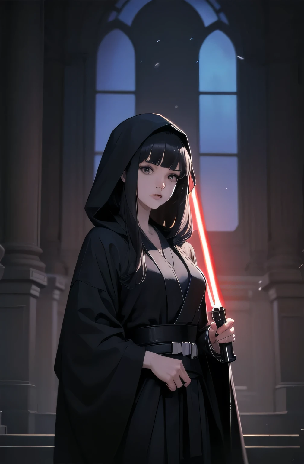 Shadow Face、Star Wars, jedi, black jedi robe、black robe, black belt,Star Wars concept art, Star Wars、jedi、Lightsabers、Black Robe、jediの服、Black hoodを被る、Star Wars、beautiful girl、cute、Droopy eyes、Black Hair、Beautiful Long Hair、Straight hair、bangs、bangsbangs、bangs、hime cut、Big Breasts、Slim body、slim、(Best Quality,4K,High resolution,Masterpiece 1.2),Very detailed,Real 1.37,Spooky altar background,Dark fantasy,Black color scheme,Ominous atmosphere,Eye-catching,story,Anime Style,Concept Art,Inappropriate behavior,beautiful, Delicate facial features, pale Skin, night、Dim lighting、Dark Background, Cinema Lighting, Dramatic Shadows, gothic, Spooky atmosphere, Dark story, 1 person'S, Red cheeks, ,(Blood splatter 1.3),Scary smile, smile,TwiSted smile、Bloody,(Blood splatter 1.3),Horror Style, ((Flowing Black Hair)), Female Curves, Sexy flat stomach, Perfect hands, Perfect anime character face, (Black hood)), standing, ((Black Robe), ,(Dark story 1.3), Steam circulation, Moonlight Illumination, Night lighting, Gothic architecture、Western architecture,Victorian city, Skeleton Gas Light,Absurd, High resolution、 ((Tabletop)), ((Best Quality)), (Very detailedな), ((Very detailed)), (beautiful), ((cute)), 1 person,(1.6)、beautiful face、Full Body Ezbian、pale, Beautiful skin、Big Breasts、Beautiful body、Slim body、beautiful feet、Smiling Kindly、Dark building ruins、(The dark ruins are Bloody 1.3)、Low angle full body shot、(Creepy 1.3)、(The girl lost a lot of blood.............1.3)、Spirits、Droopy eyes、bangs, Long Hair, Star Wars、jedi、Blue Lightsabers、Ready your Lightsabers、star wars background