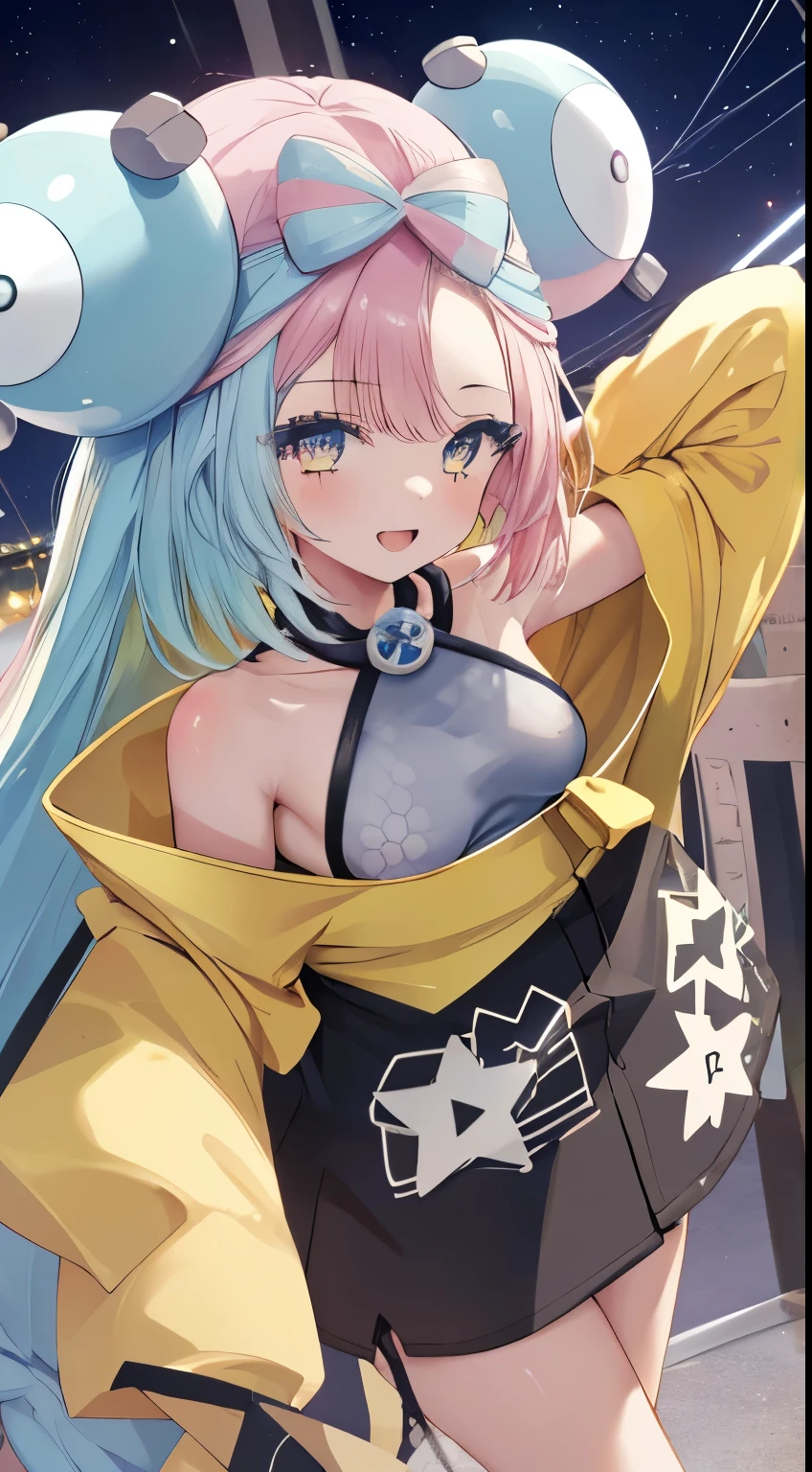 nsfw, Masterpiece, Beautiful painting touches, Detailed Description, 迫力のあるNanjamo, Detailed face and eye depictions, smile, nsfw, Beautiful Eyes, Perfect Anatomy, Detailed background depiction, 1girl, Jonah, pokemon_Jonah, Nanjamo, Round hair ornament, Sideboob, Yellow jacket, Baggy jacket, Long Hair, Small breasts, , Concert Venuesの背景, night, ((Top view)), Concert Venues, Spotlight, Yellow electric guitar, Playing electric guitar, Thunder, Electric shock, There is a large audience, Open your mouth, Sing a song, Vibrant hair