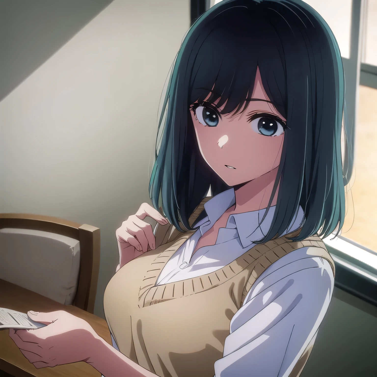blue hair,,long hair,blue eyes,dress,in the office,