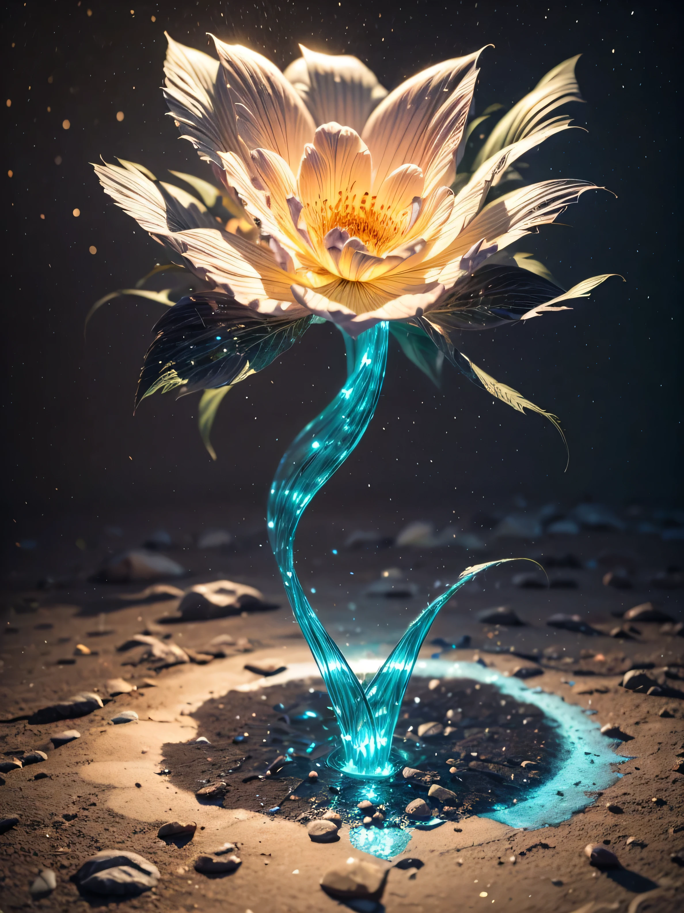 (((Masterpiece))), Best Quality, High-resolution photograph, realistic perspective, Create an abstract piece of art inspired by the quote "The wound is the place where the light enters you" by Rumi. The artwork should focus on the concept of bioluminescence to symbolize the light entering through the wound. Use glowing, organic shapes and soft, fluid forms to represent both the pain (wound) and the healing (light). The light should emerge from dark, shadowy areas, illuminating the composition in a way that feels both ethereal and transformative. Incorporate a sense of movement that implies growth or change, as if life is blooming from the darkness. (extremely intricate:1.3), 4k, 8k