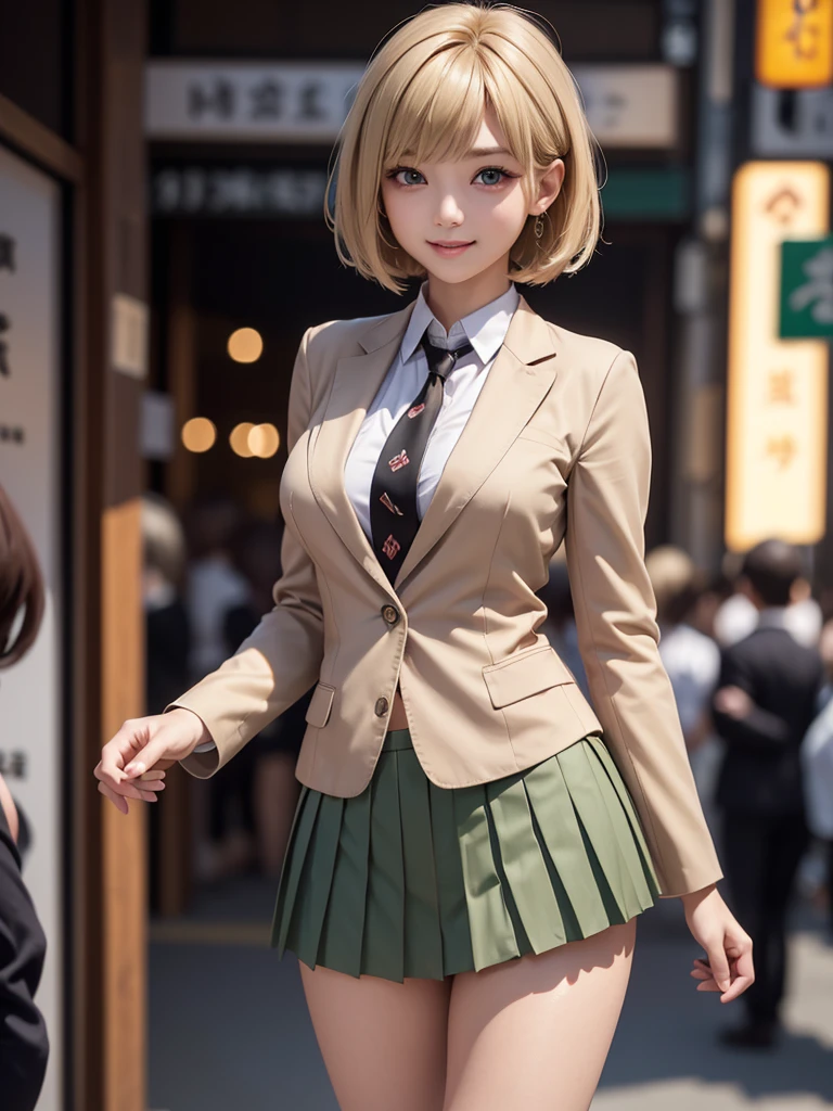 8k, Best Quality, The real picture, Intricate details, Very detailed, Ultra-high resolution, Depth Field, (Realistic,Realistic:1.2), Tabletop, Full Body Shot, (((1 girl))), eye_Chan, so beautiful, innocent big eyes, Beautiful breasts:1.5, 非常に詳細なeye:1.2), (Beautiful breasts:1.1), ((Blonde)), (Short Bob Hair), (Asymmetrical bangs), Perfect Skin, Fair skin, Small breasts, Tight waist, Alone, Staring at the audience, (smile), (((Light Brown Blazer))), ((tie)), ((Dark green pleated mini skirt)), (Standing in the crowds of Tokyo)