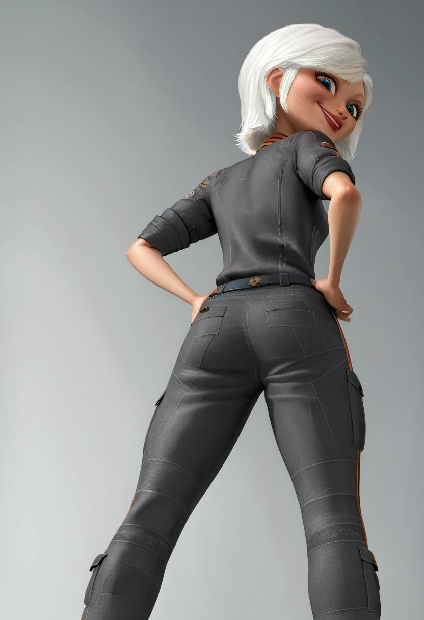 SMG, 1girl, solo, white hair, short hair, blue eyes, jumpsuit, sleeves rolled up, belt, shoes, upper body, hands on hips, simple background, grey background, looking at viewer, smile, back view, from below,