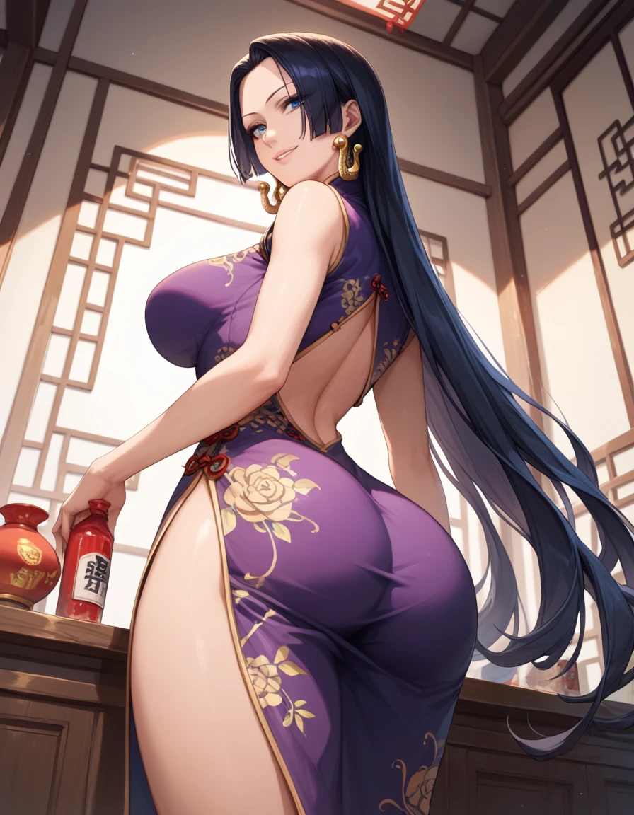 Score_8_up, Score_7_up, sauce_anime break, Anime screenshots, Best Quality, Beautiful Skin, Boa Hancock, Black Hair, blue eyes, Long Hair, forehead, Large Breasts, Staring at the viewer, china dress, Purple clothes, indoor, from behind, Big Ass, standing, Low Angle, smile