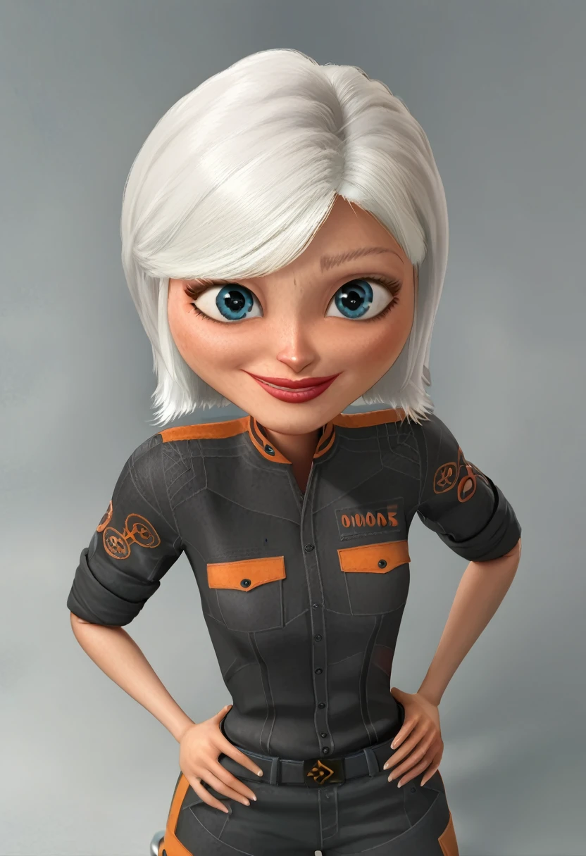 SMG, 1girl, solo, white hair, short hair, blue eyes, jumpsuit, sleeves rolled up, belt, shoes, upper body, hands on hips, simple background, grey background, looking at viewer, smile, from above,