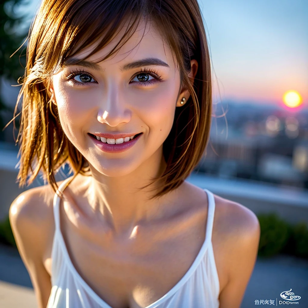 8k,Brown short hair,Japanese actress,Super Beauty(Like the real thing),Neat and clean dresses,Wine Party、wine glass、full-course dinner,Big smile,Amazing view of the sunset sky and clouds、,Perfect Anatomy,charm,Volume measurement,Body balance,Digital single-lens reflex camera, Soft lighting, Detailed Background, Written boundary depth, Volumetric lighting, Sharp focus, Absurd, Realistic proportions, Excellent anatomy, (Realistic, 超Realistic:1.4), 16k hdr, dawn,High resolution,super Realistic 肌,super beautiful expression,Fantasy art,Character Art,Wind effects:1.9、Cloud Effect:1.2、Full Rendering、プロ品質のHigh resolution、Perfect contrast、Perfect lighting、Perfect composition、Perfect Skin、Perfect Fingers、Perfect breasts、Perfect Hair、Perfect Face、Realistic facial features,Highest quality,Slim figure,Perfect body line,Perfect hand shape,Anatomical Body Balance,Highly detailed face,Highly detailed eyes,Beautiful Lips,Excellent light particles,Cinema Lighting,compensate,超High resolution,Ultra-Realistic Skin,Dynamic pose,blue eyes,