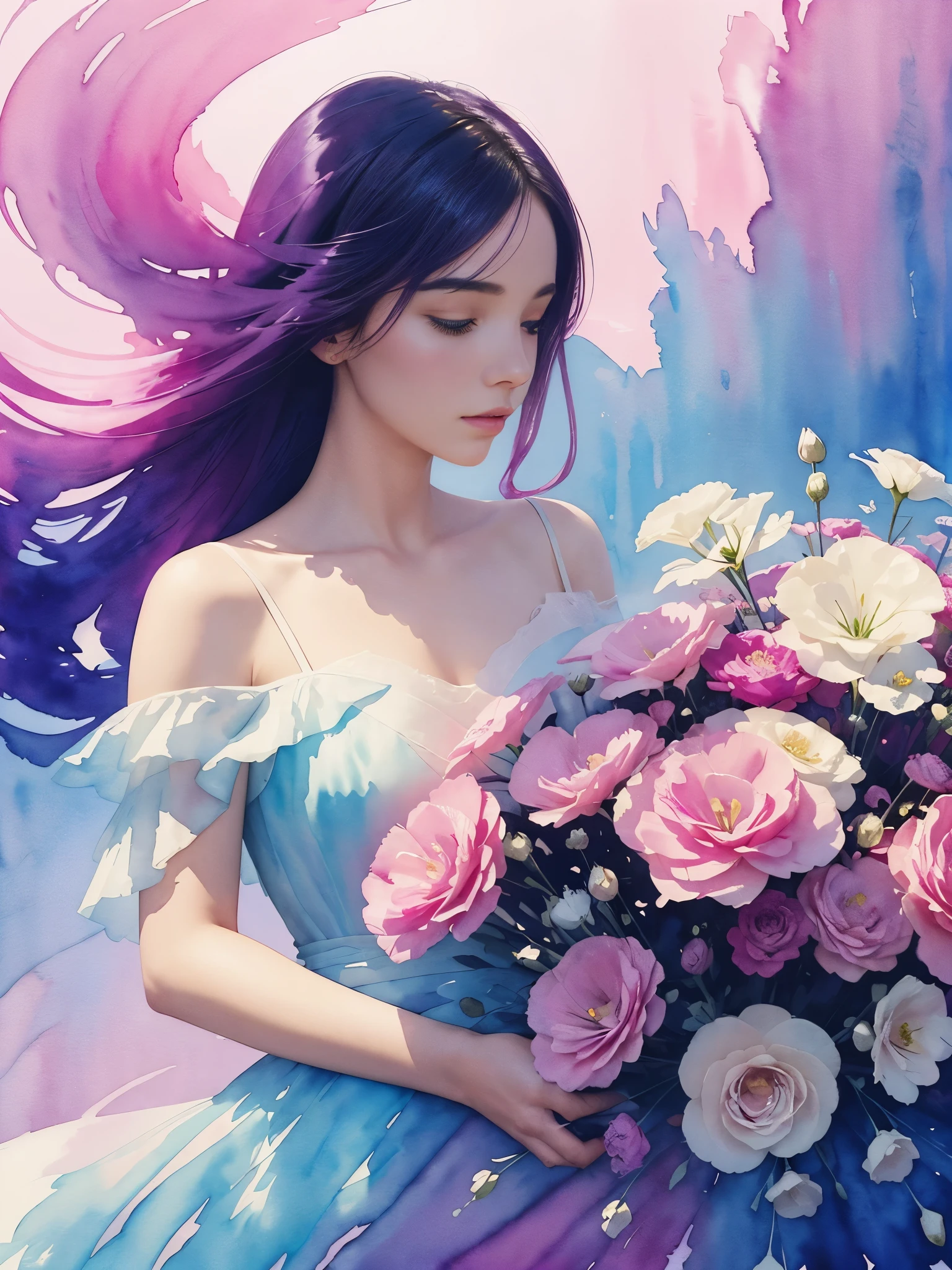 1girl,flower, Lisianthus ,in the style of light pink and light azure, dreamy and romantic compositions, pale pink, ethereal foliage, playful arrangements,fantasy, high contrast, ink strokes, explosions, over exposure, purple and red tone impression , abstract, ((watercolor painting by John Berkey and Jeremy Mann )) brush strokes, negative space,