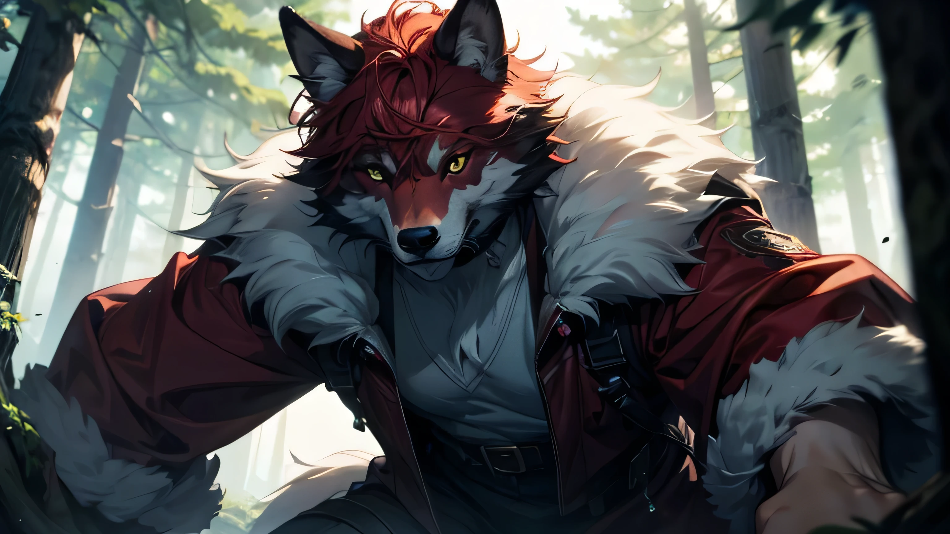 A fifty-year-old man with red hair and a shaggy tail in the forest, Digital painting by Daarken, CGSociety contest winner, Furry Art, very very beautiful Furry Art, Dramatic, cinematic detailed fur, Furry Fantasy Art, Reusch and Urop, Humanity Art, Shaggy Wolf, pov Furry Art, Furry Art!!!, kemono, 🌺 CGSociety